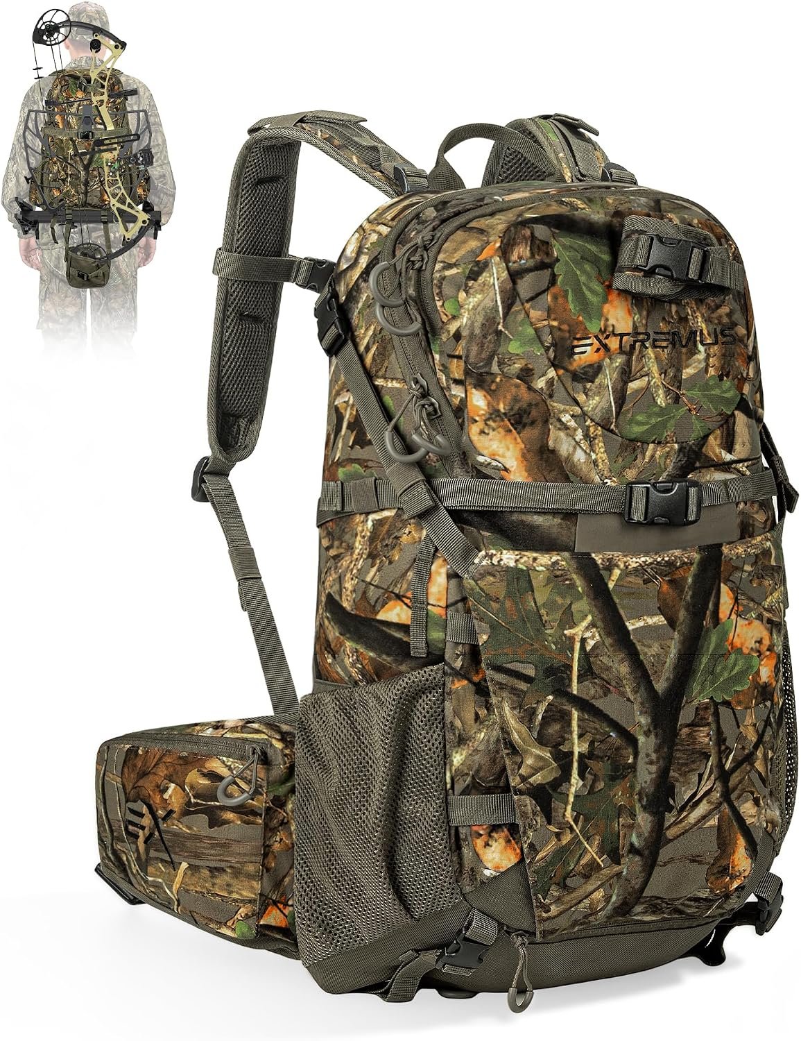 Extremus by KastKing Timber Trail Hunting Backpack for Men, Hunting Pack | Quiet Hunting Bag, Rifle Sling, Ammo Storage, Rain Cover Included, Hydration Compatible, Tree Stand & Climbing Stick Carry