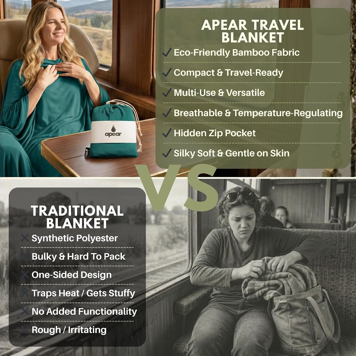 16-in-1 Compact Travel Blanket with Bag – Reversible, Ultra Soft Bamboo Airplane Blanket with Hidden Pocket – Packable for Flights & Travel Essentials (Semi-Weighted, Double Layer) - Image 9