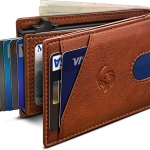 Wallet for Men, Slim Pop Up Card Holder with RFID Blocking, Minimalist Bifold Wallet with 9 Card Slots, ID Window and Cash Pocket, Metal Flip Case with Magnetic Closure, Gift Box