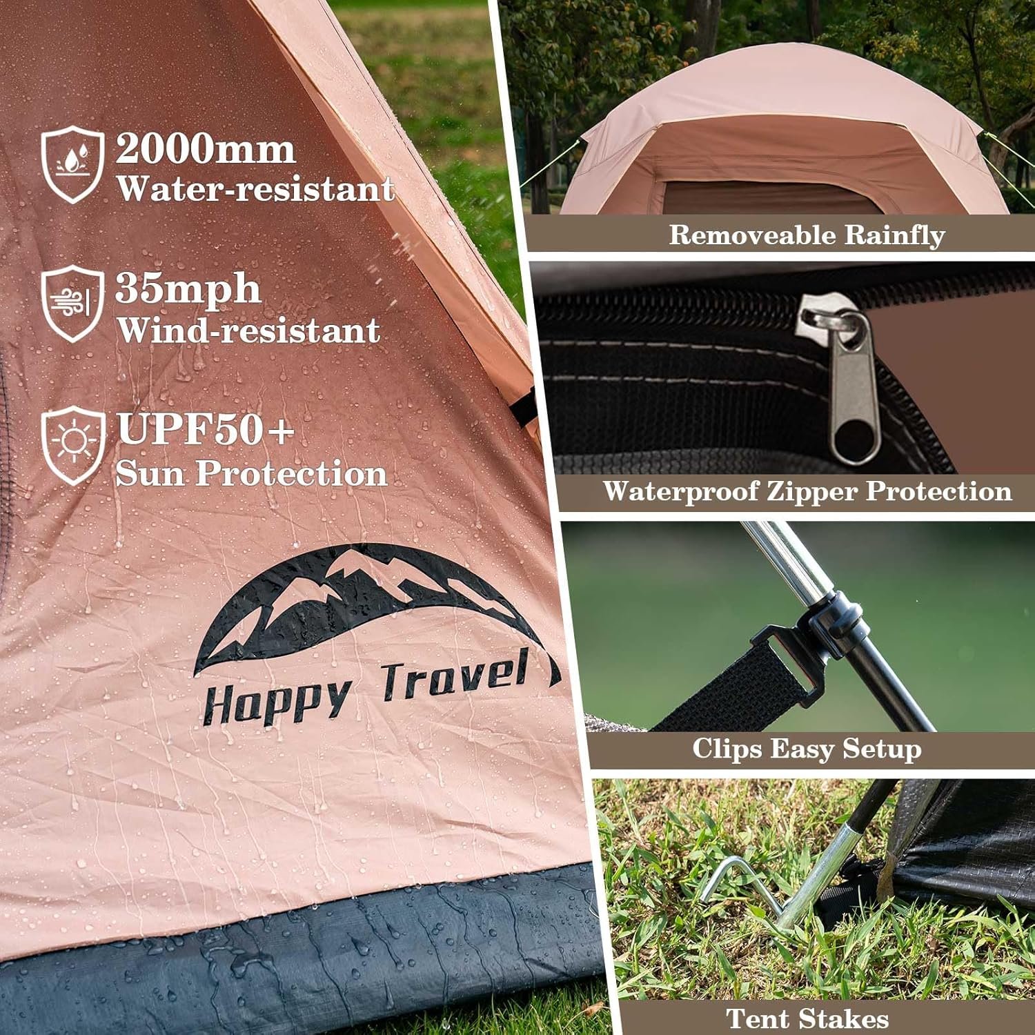Happy Travel Camping Tent, 4 Person Dome Tents for Camping with Rainfly | Waterproof Clip Easy Setup Portable Family Tent with Mesh Windows, 20% More Headroom Backpacking Tents for Camping & Hiking - Image 8