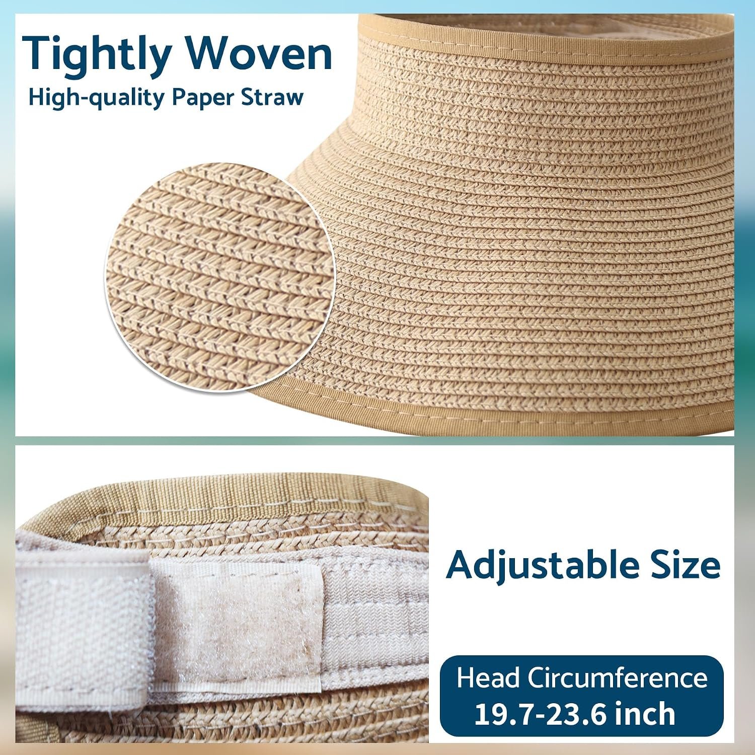 NPJY Sun Hats for Women Wide Brim Roll-Up Ponytail Packable Straw Visor | Wide Brim Hat with Open-Top Design, Packable & Foldable for Travel Beach Garden Gift - Image 6