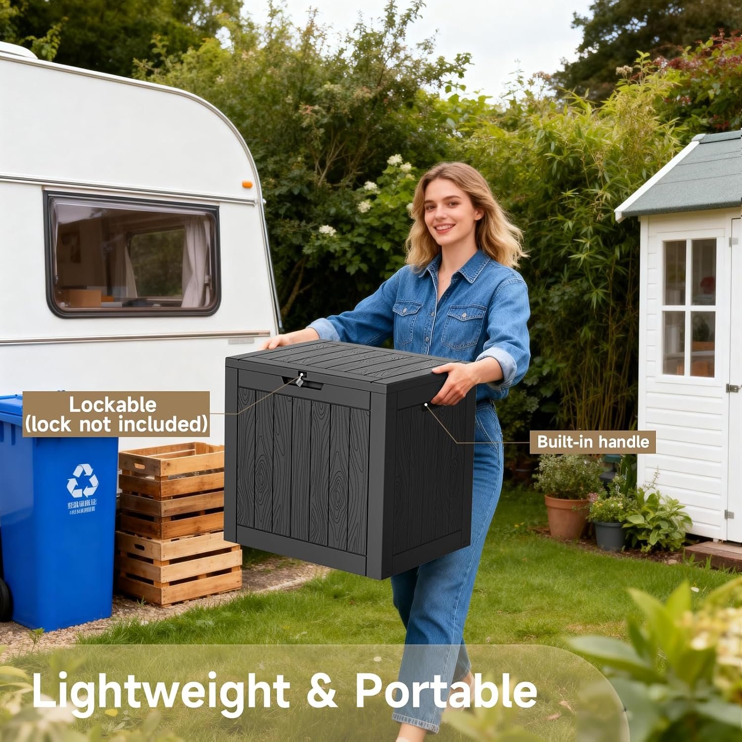 35 Gallon Outdoor Deck Box Lockable Waterproof Storage Black | Heavy-duty resin container for indoor and outside use. Patio cushions, garden equipment, pool accessories, outdoor tools - Image 4