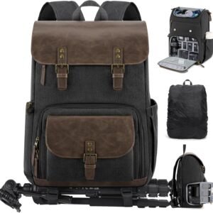RAINSMORE Vintage Camera Bag with Side Access for DSLR/SLR Mirrorless | 25L Waterproof 15.6 Inch Laptop Photography Backpack with Rain Cover & Tripod Holder Anti-theft Camera Bags for Photographers