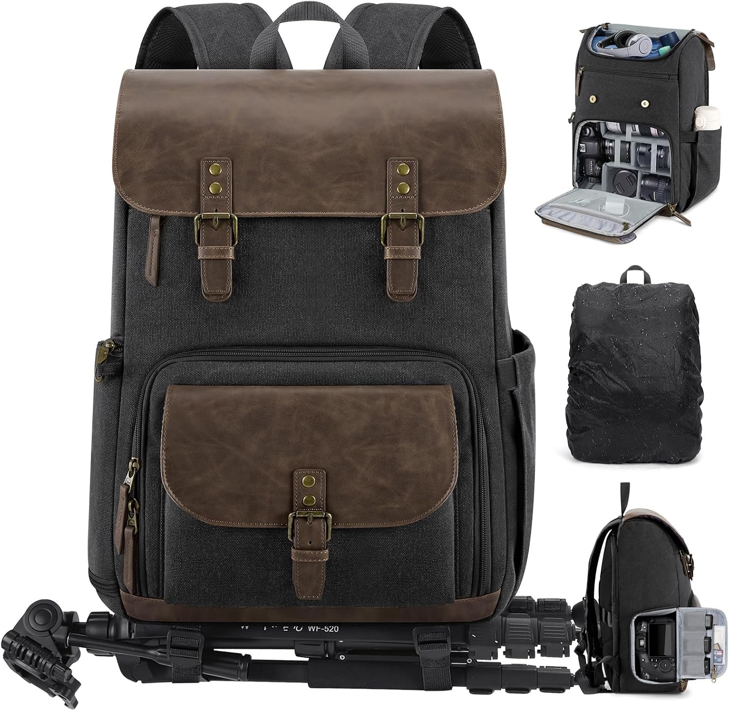 RAINSMORE Vintage Camera Bag with Side Access for DSLR/SLR Mirrorless | 25L Waterproof 15.6 Inch Laptop Photography Backpack with Rain Cover & Tripod Holder Anti-theft Camera Bags for Photographers