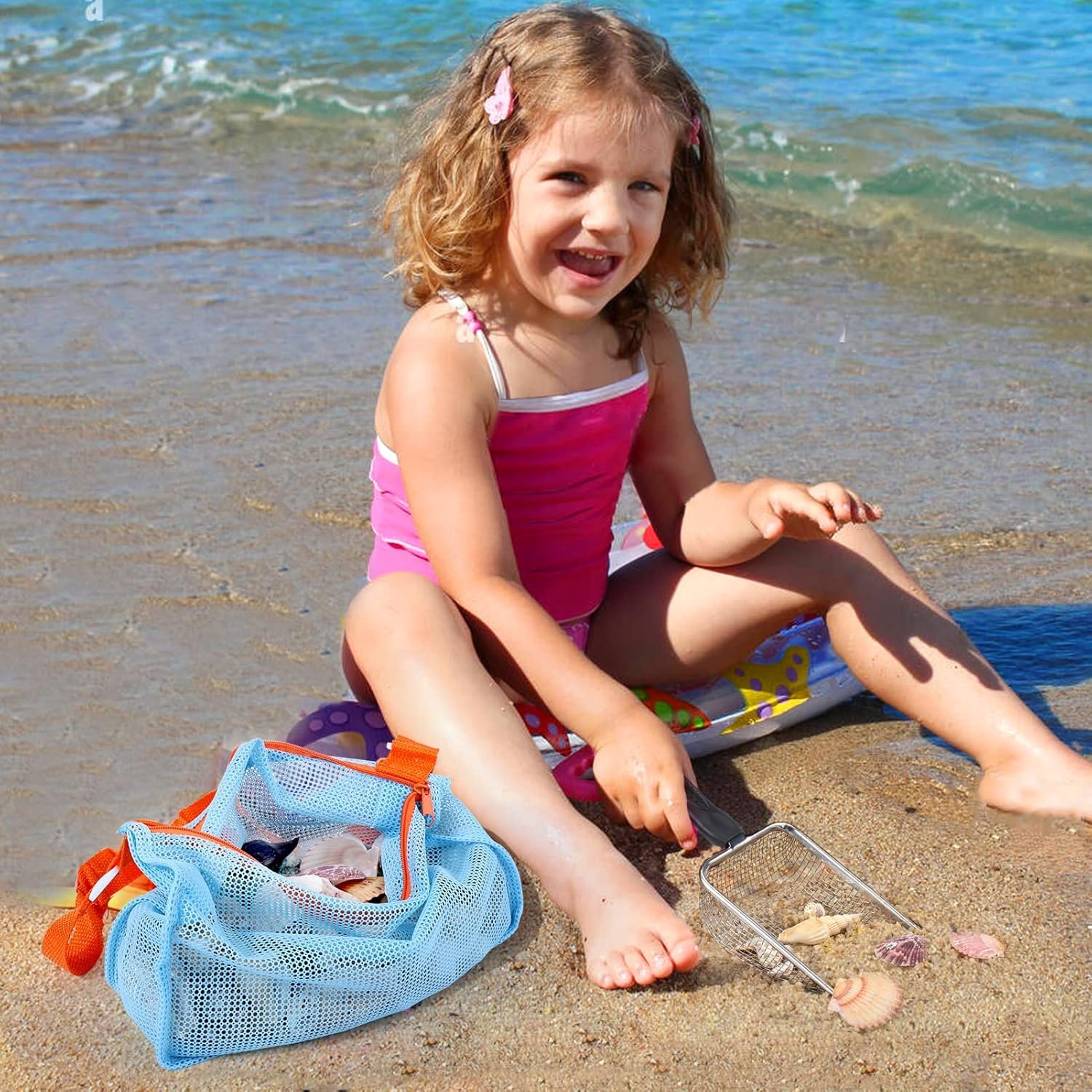 Vodolo Beach Mesh Shovel with Mesh Beach Bag for Shell Collecting, Kids Filter Sand Scooper for Picking Up Shells, Shark Tooth Sifter Dipper for Boys and Girls, Toy - Image 3