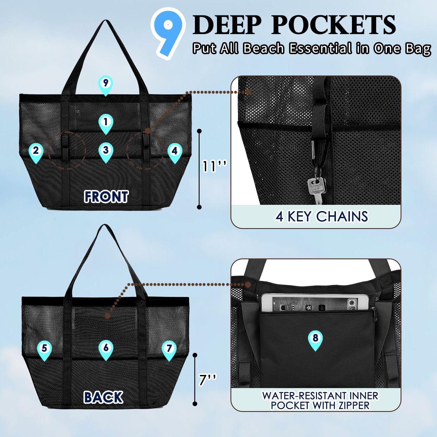 Fammart Mesh Beach Bag for Women, Large Beach Toy Pool Bag with Zipper Pocket, SandProof Cruise Essentials 2026 Family Travel - Image 5