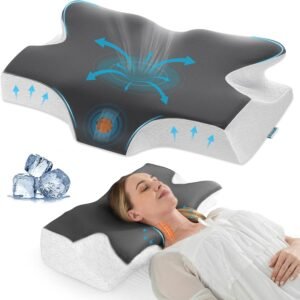 Elviros Cervical Neck Memory Foam Pillow with Removable Cooling Pillowcase | Ergonomic Orthopedic Bed Pillows for Neck Pain Relief, Neck and Shoulder Support, Suitable for Side Back Stomach Sleepers