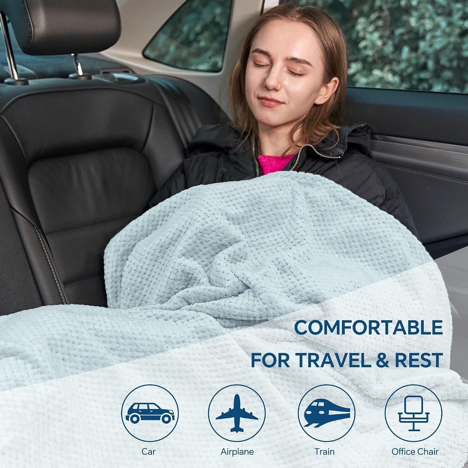 BEDELITE Travel Blanket with Bag, Jacquard Fleece Blanket 65"x40", Blue | Ultra-soft Airplane Blanket, Luggage Sleeve & Backpack Clip, Travel Essentials for Women, Foldable as Pillow for Long Flight - Image 7