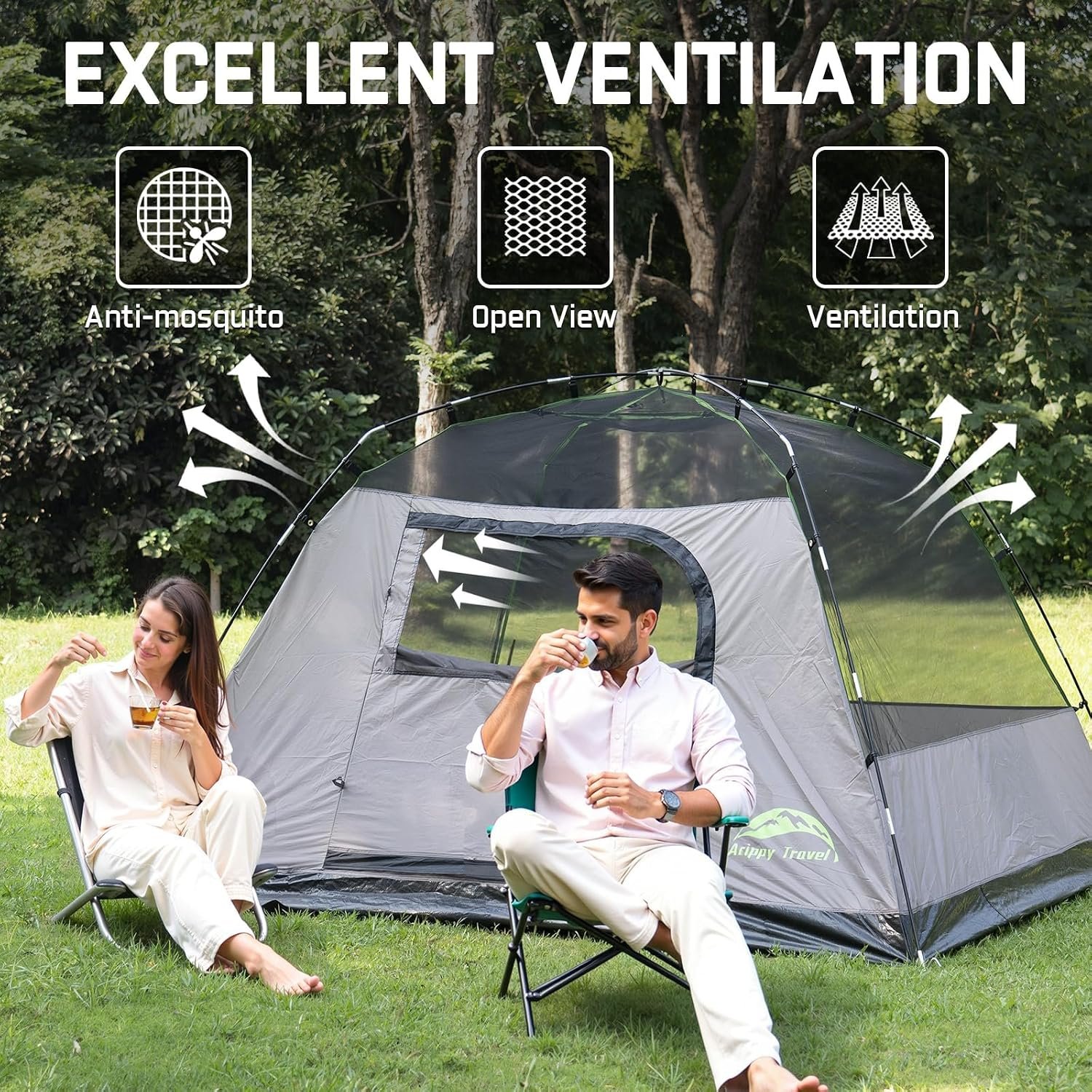 Happy Travel Camping Tent, 4/6 Person Dome Tents for Camping with Rainfly | Waterproof Clip Easy Setup Portable Family Tent with Mesh Windows, 20% More Headroom Backpacking Tents for Camping & Hiking - Image 6