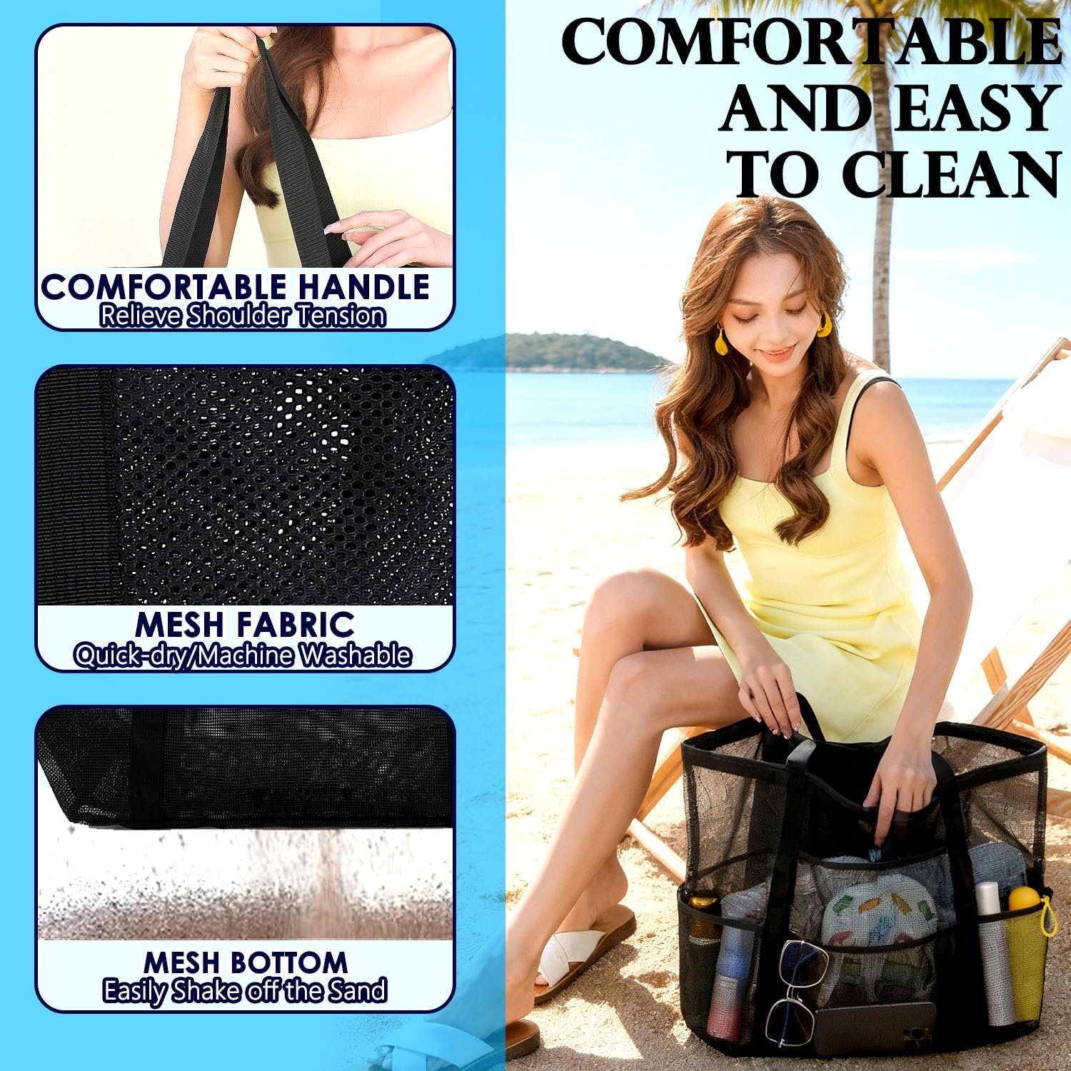 Fammart Mesh Beach Bag for Women, Large Beach Toy Pool Bag with Zipper Pocket, SandProof Cruise Essentials 2026 Family Travel - Image 6