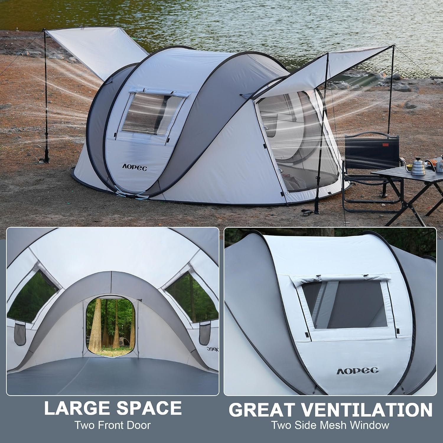 Pop Up Camping Tent, 2/4/6 Person Instant Tent Waterproof PU4500mm, Spacious Ventilated Camping Tent with Front Porch, Quick Setup Lightweight Portable for Outdoor Camping Hiking Beach - Image 6