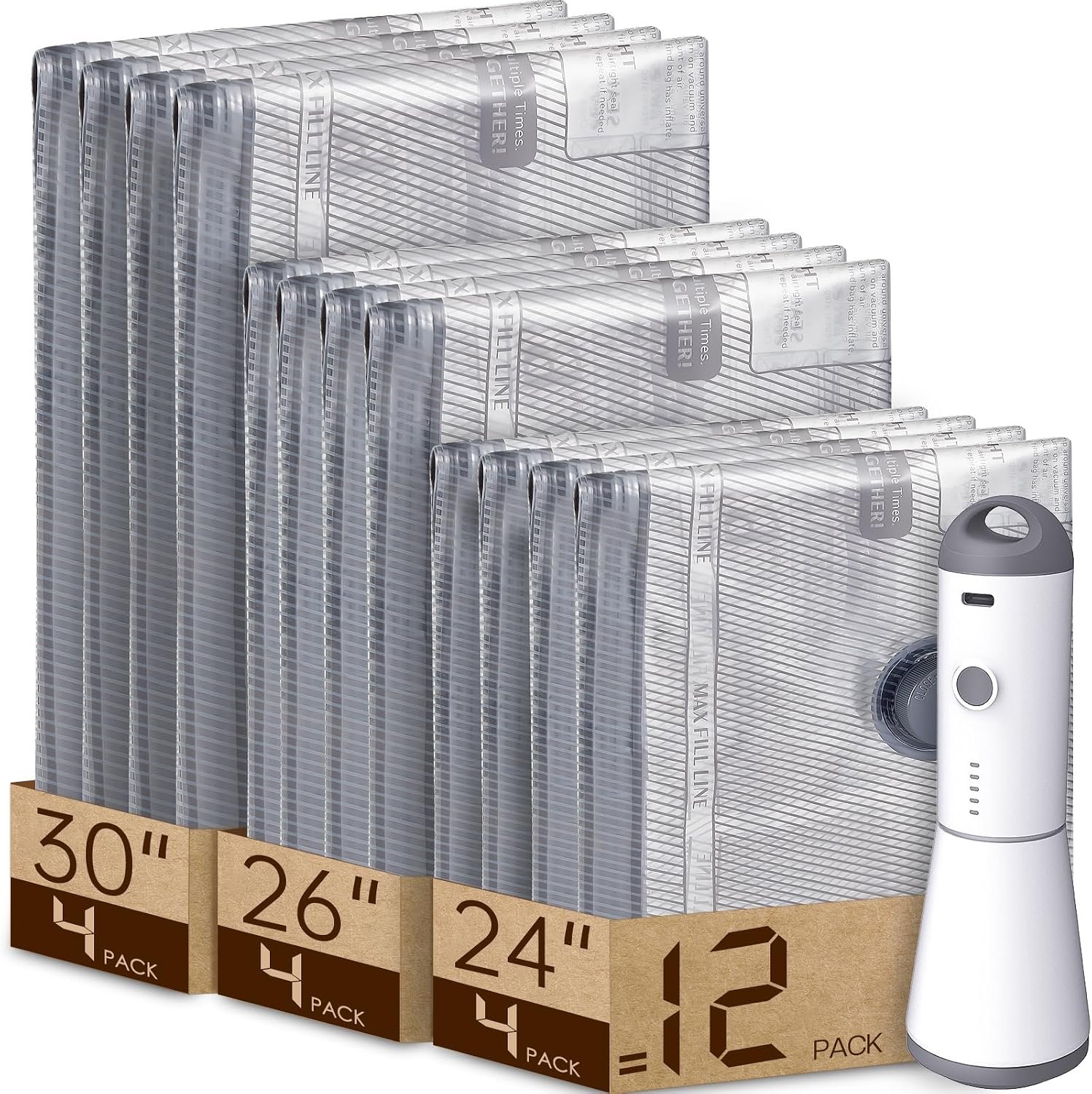 Vacbird 12 Pack Vacuum Bags for Travel with Rechargeable air Pump, Carry-on Size Vacuum Seal Bags for Luggage and Suitcase Compression, Space Saver for Clothes and Clothing Travel | See Contents Easily with Transparent Bags, 1500mAh Pump Compresses 90+ Bags, Carry-On Size for Easy Travel Packing