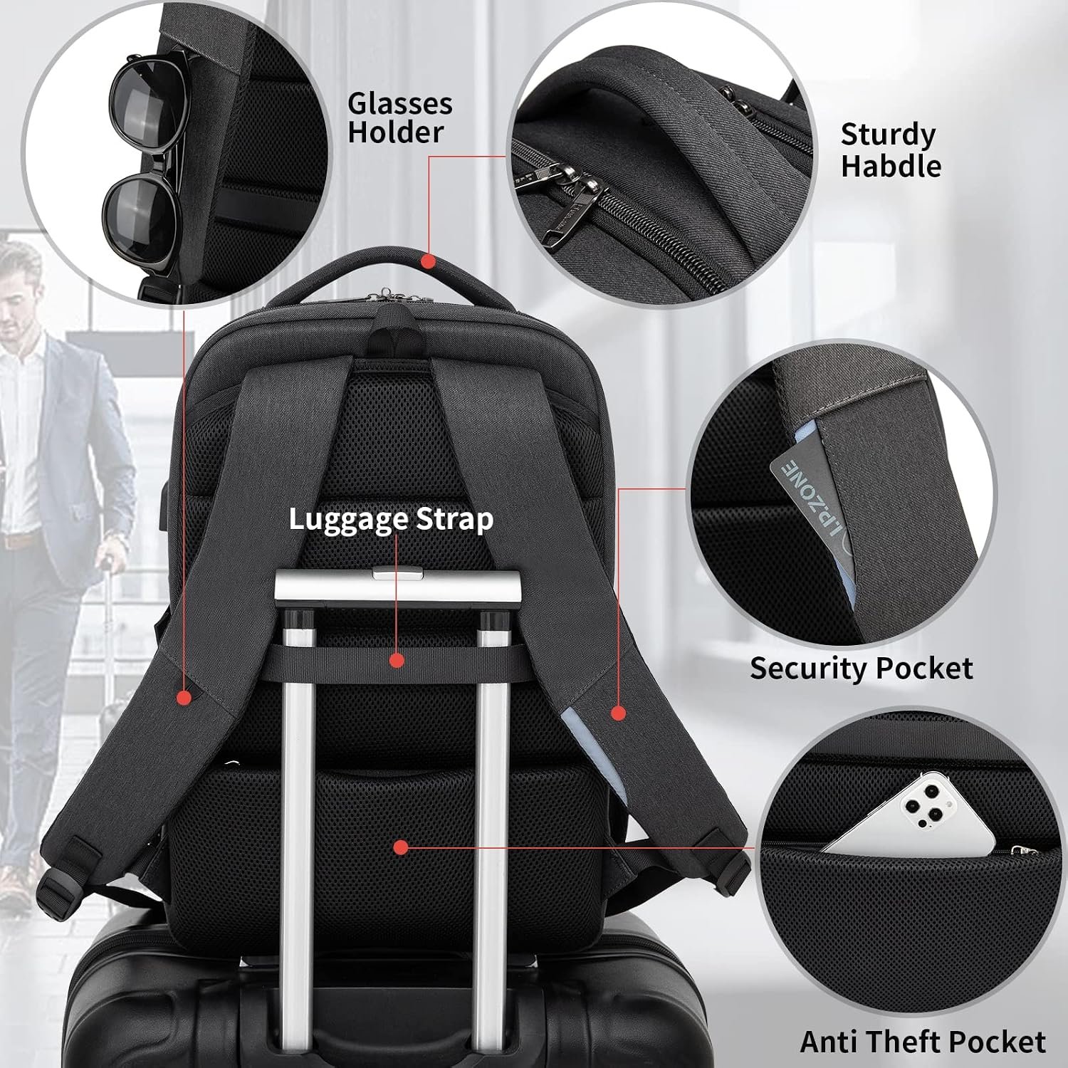 17 Inch Laptop Backpack for Travel Water Resistant College Backpack for Men/Women Laptop Bag with USB Charging Port,Black - Image 7