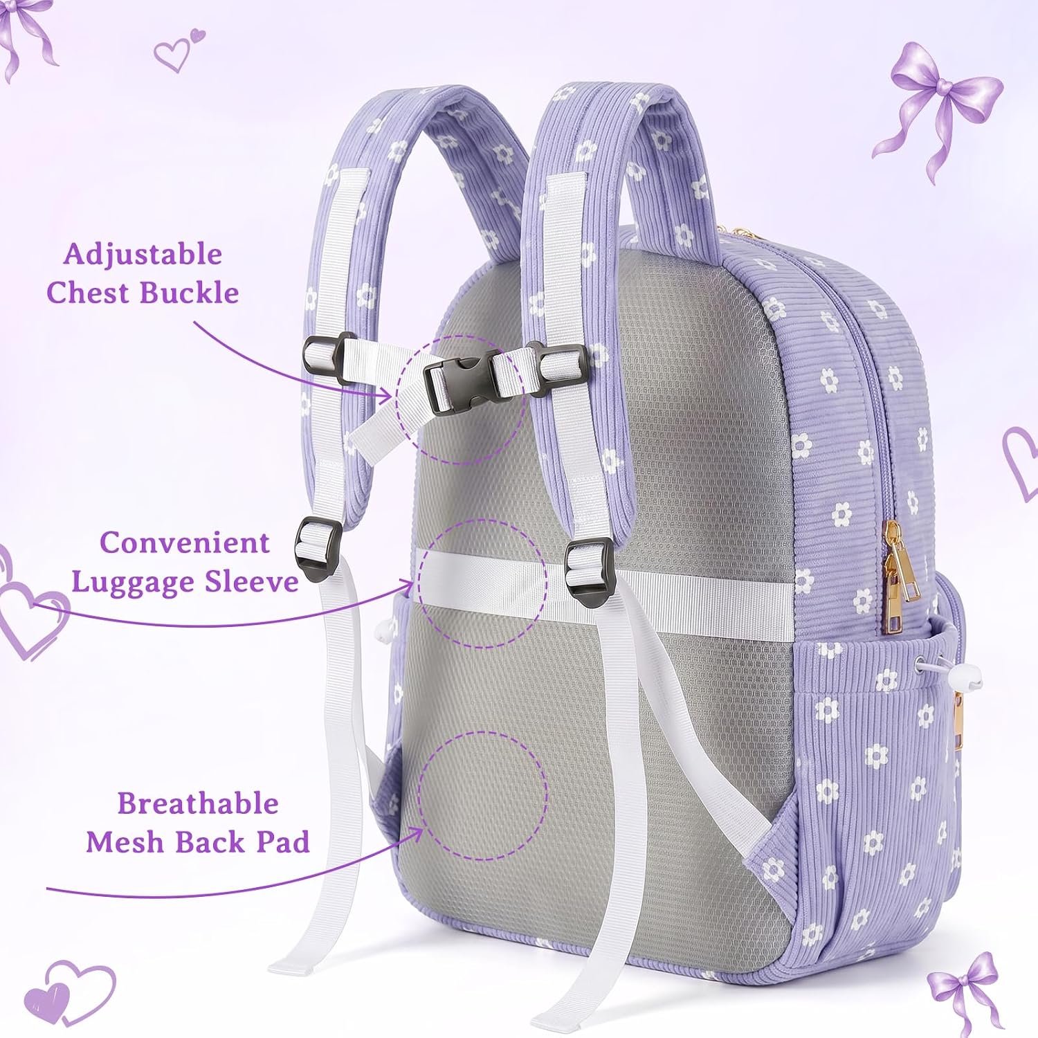 Corduroy Girls Backpack，Cute School Backpack for Teens Girls Kids Bookbags for Elementary High School Women Laptop Bags Daypacks With Lunch Bag and Pencil Case (1 Set) - Image 6