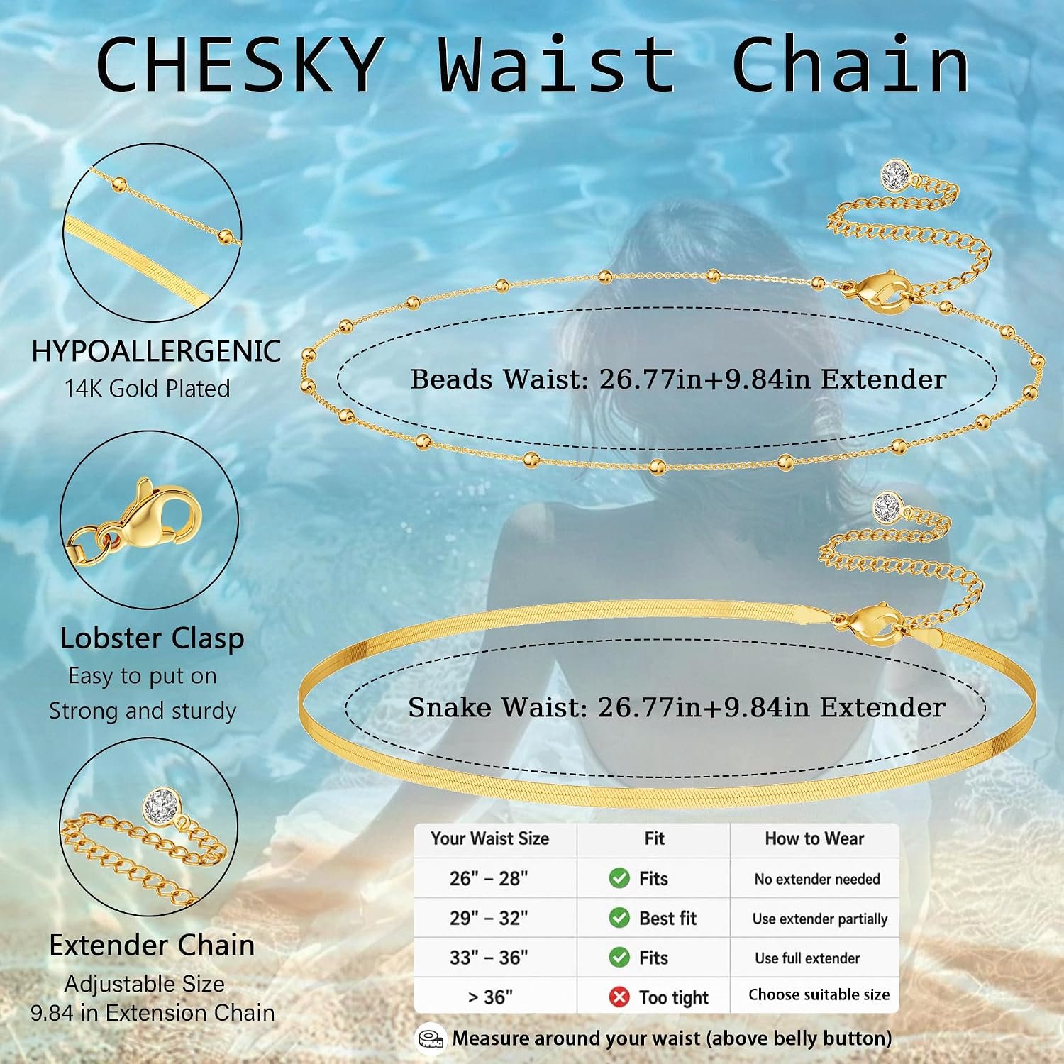 CHESKY 14K Gold Plated Waist Chain for Women, Layered Waist Beads | Silver Plated Gold Body Chains, Beach Summer, Waterproof Snake Belly Belt Chain, Festival Jewelry Accessories for Women - Image 6