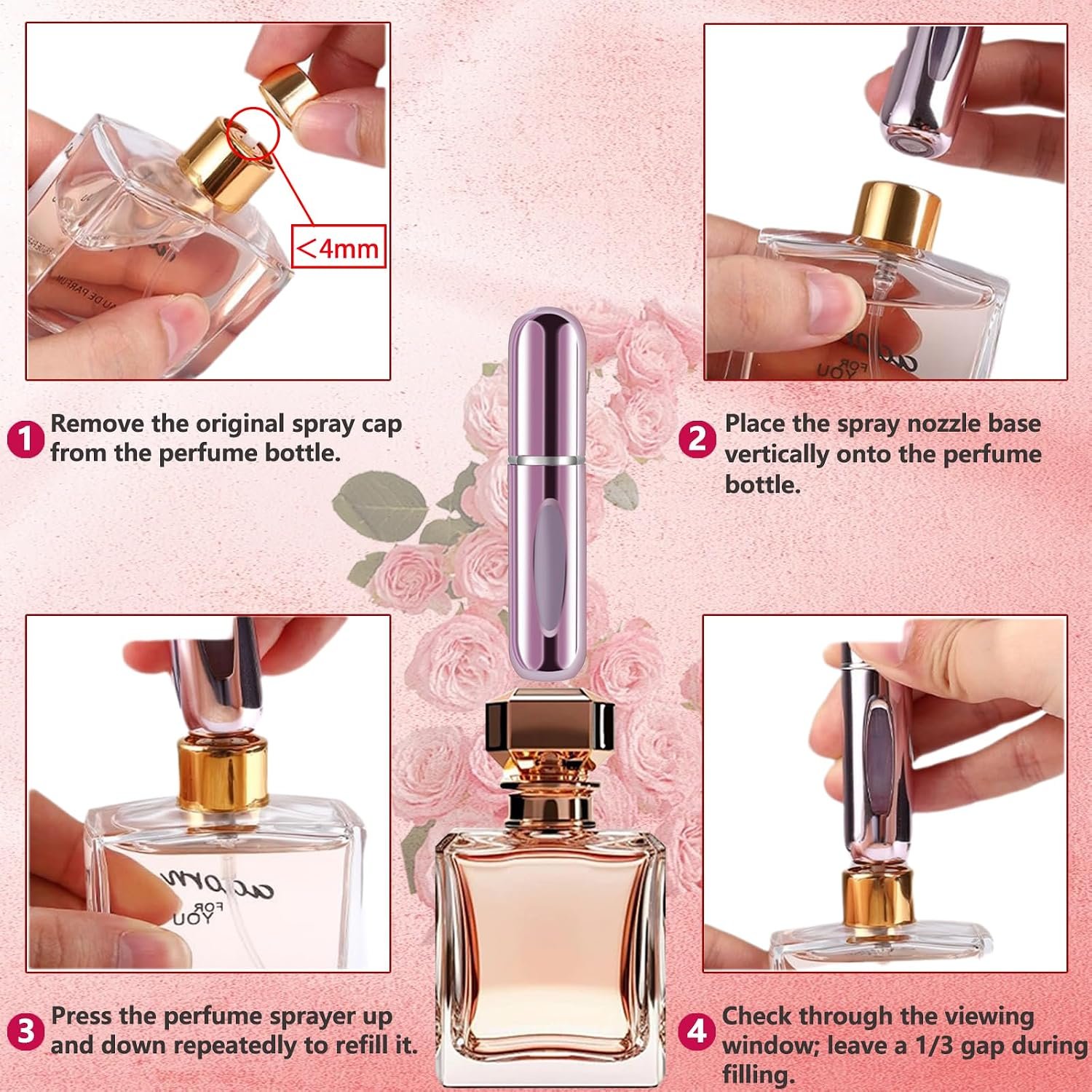 opasyo Refillable Perfume Atomizer, Leak-Proof, 5ml 4 Pack | Portable travel perfume spray bottle. Includes Silver/Pink/Blue/Black. Perfect essentials for traveling and outgoing. - Image 5