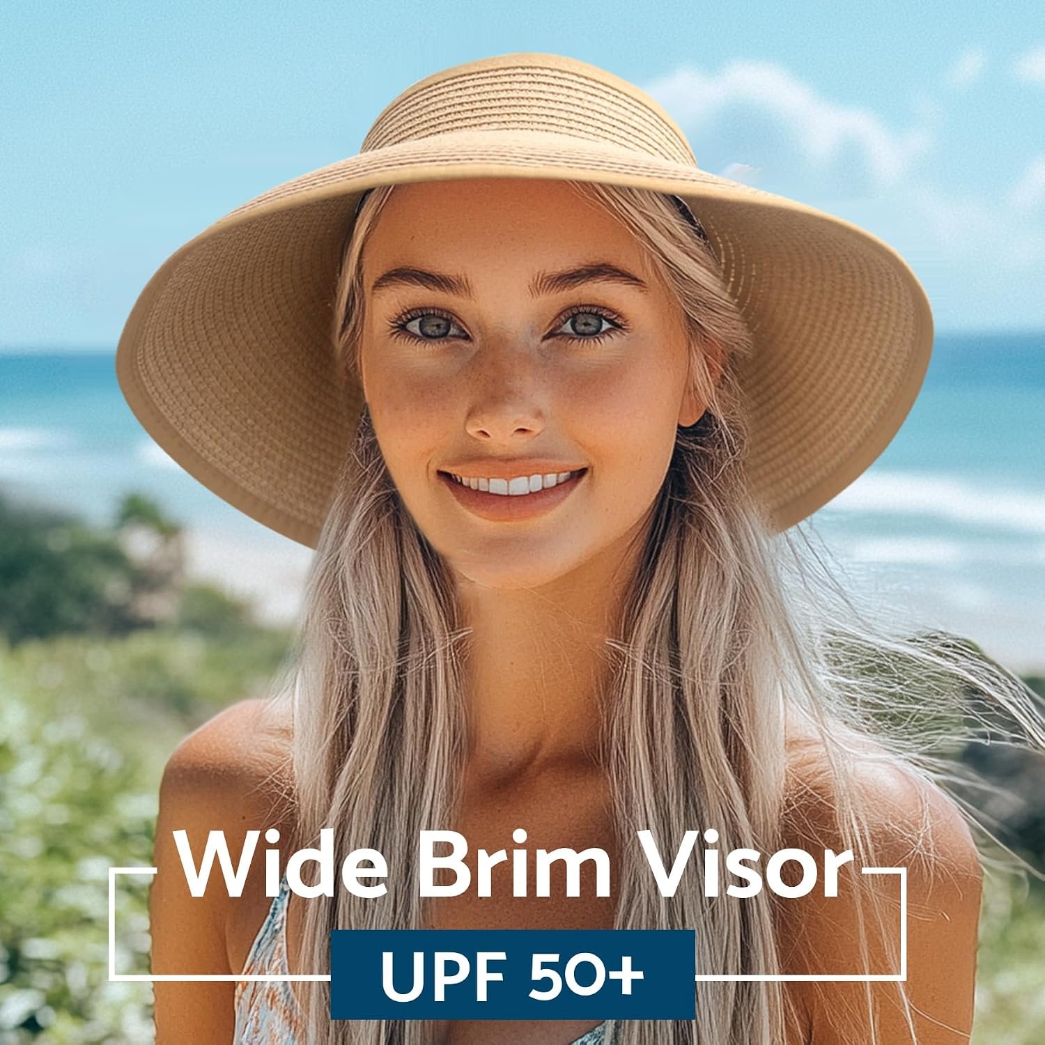 NPJY Sun Hats for Women Wide Brim Roll-Up Ponytail Packable Straw Visor | Wide Brim Hat with Open-Top Design, Packable & Foldable for Travel Beach Garden Gift - Image 3