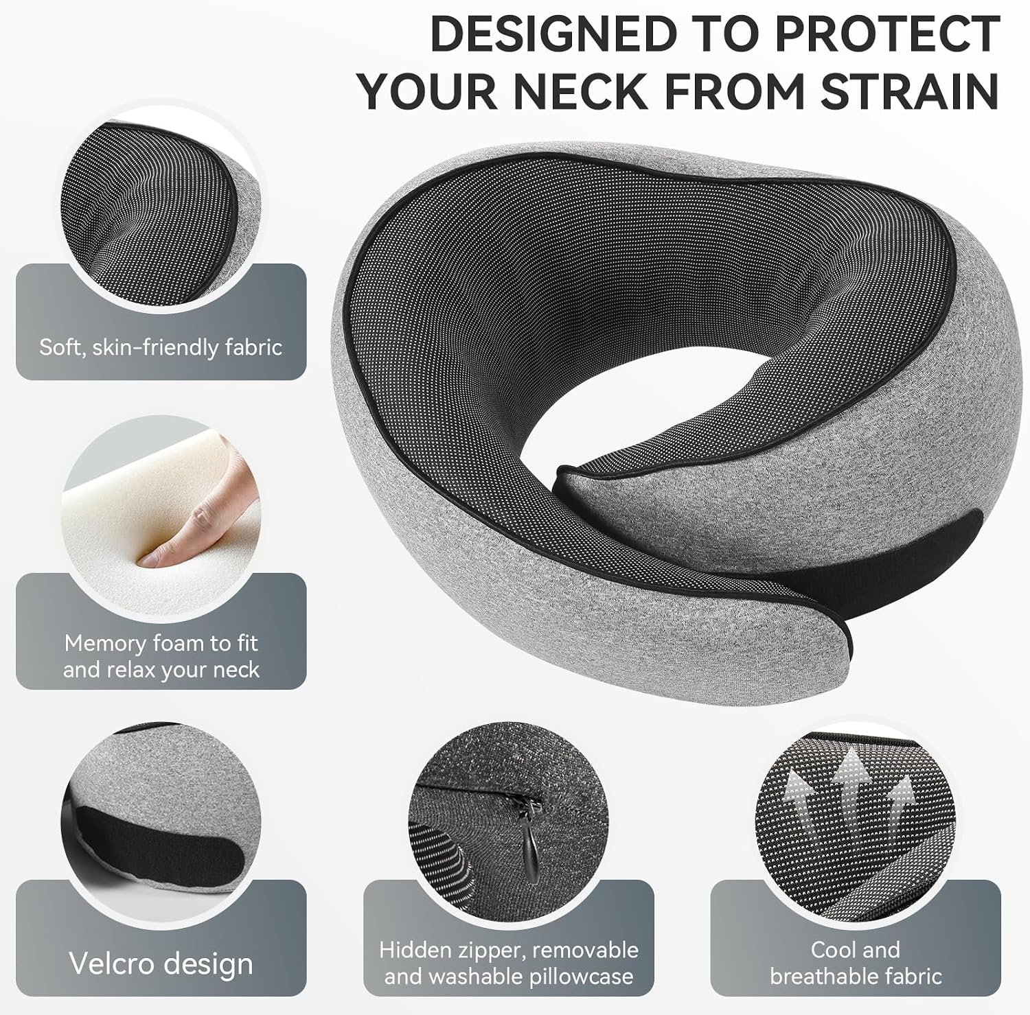 SZXYX Travel Pillows - 100% Pure Memory Foam Neck Pillow for Airplanes, Comfortable Breathable Cover, 360° Support Stowable Pillows for Sleeping, Car, Airport Travel Essentials Dark Gray - Image 3
