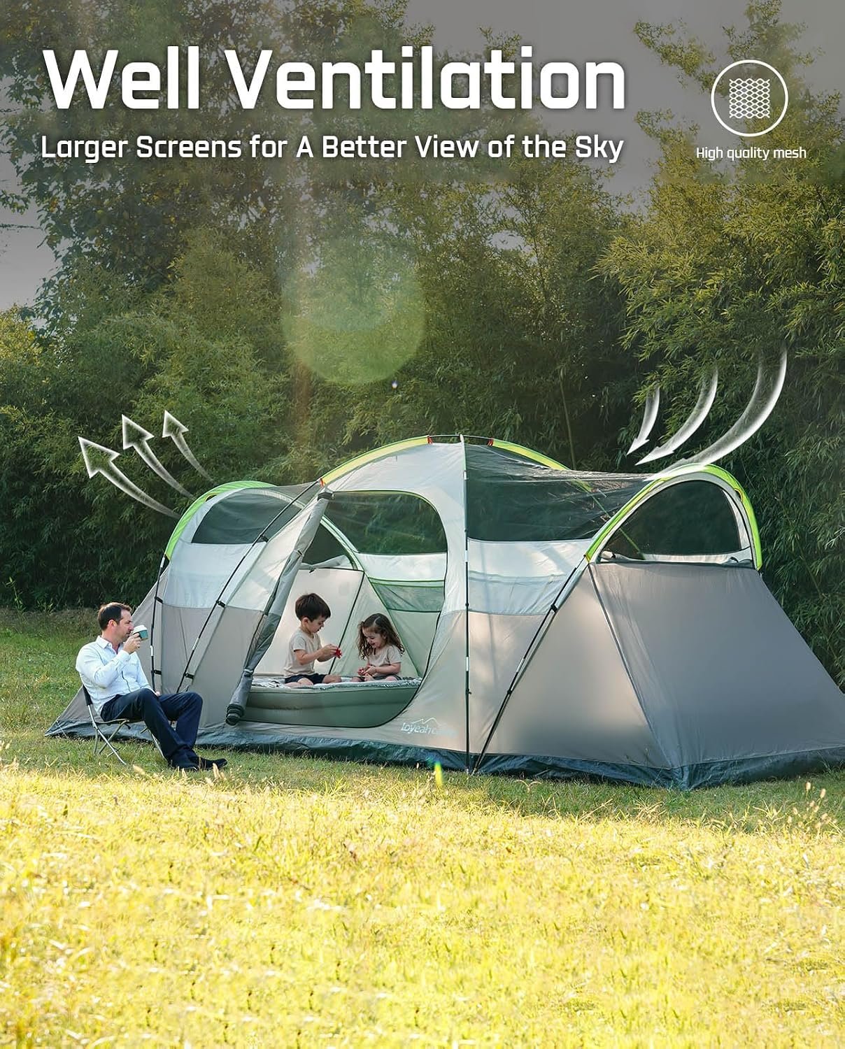 LOYEAHCAMP 8 Person Larger Extended Dome Camping Tent with 3 Rooms | Waterproof Semi-Freestanding Family Outdoor Tent with Spacious Interior and Mesh Windows - Image 4