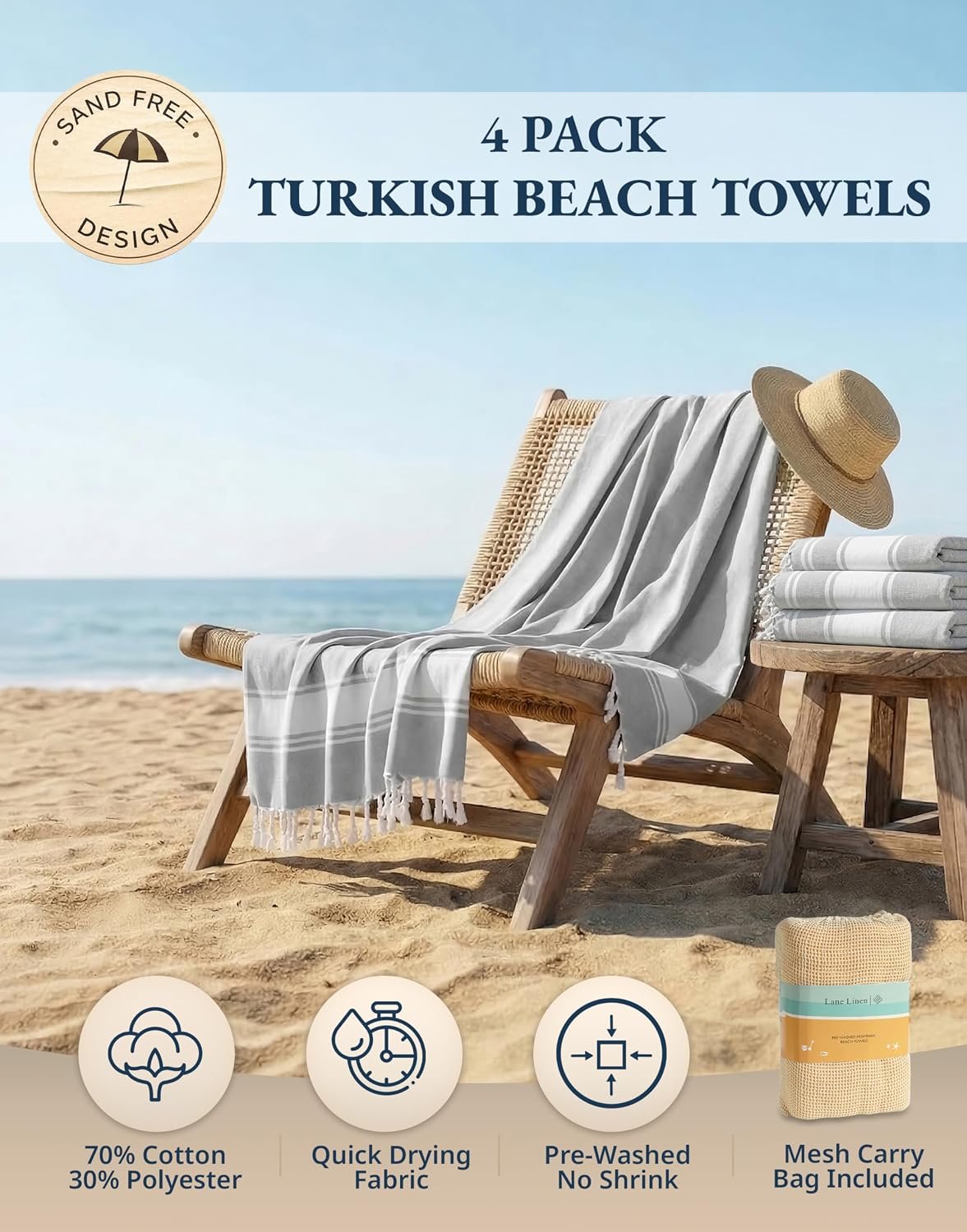 LANE LINEN Oversized Beach Towels 4 Pack, Pre-Washed, Extra Large - Grey | Quick Dry, No Sand, Absorbent Pool Towels for Adults - 39"x71", Vacation Essential - Machine Washable, Travel & Camping - Image 2