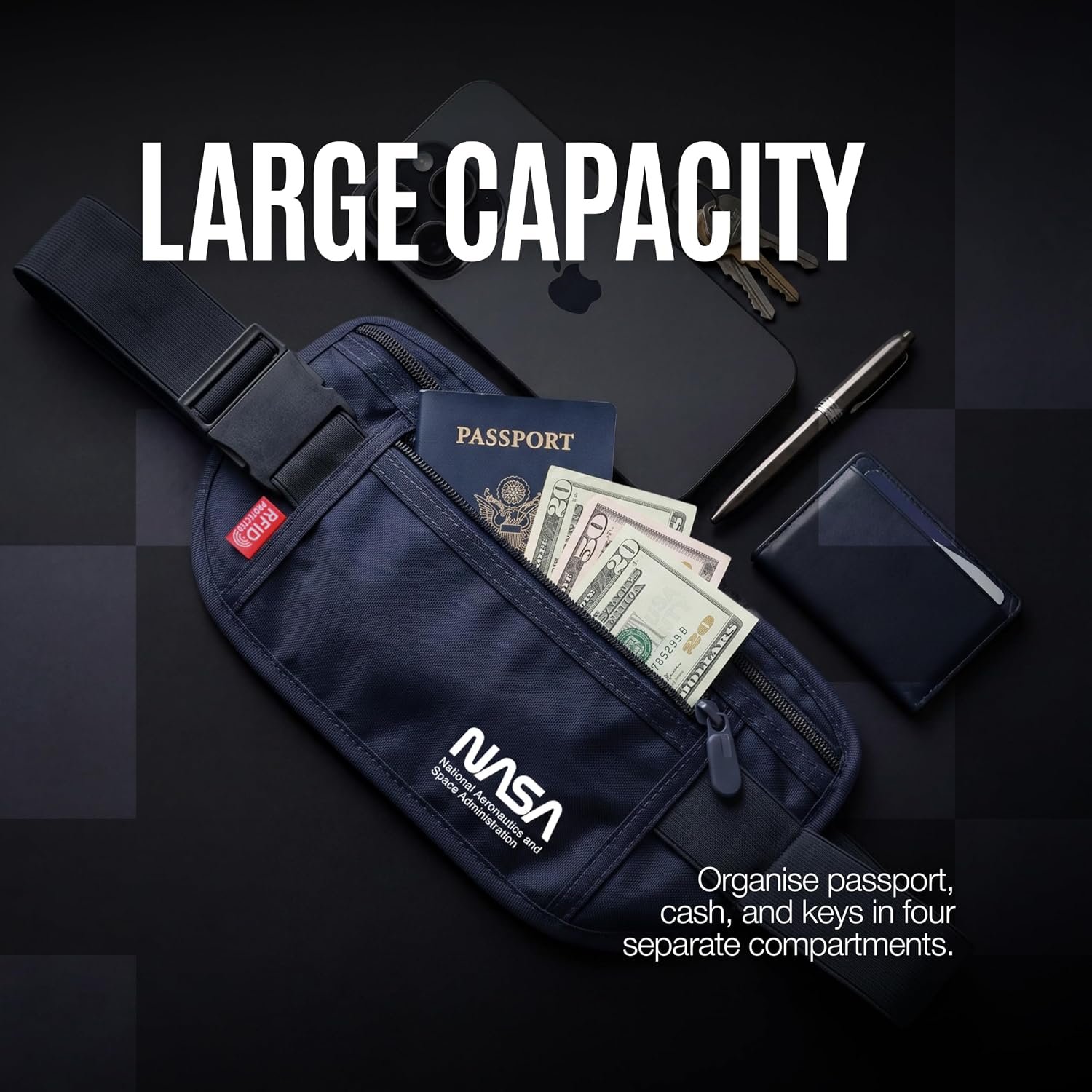NASA Money Belt with RFID-Secured Passport Protection (Lunar Grey) | Concealed Carry | Genuine NASA Insignia | RFID Blocking | YKK Zippers | Breathable Mesh | Key Carabiner - Image 6