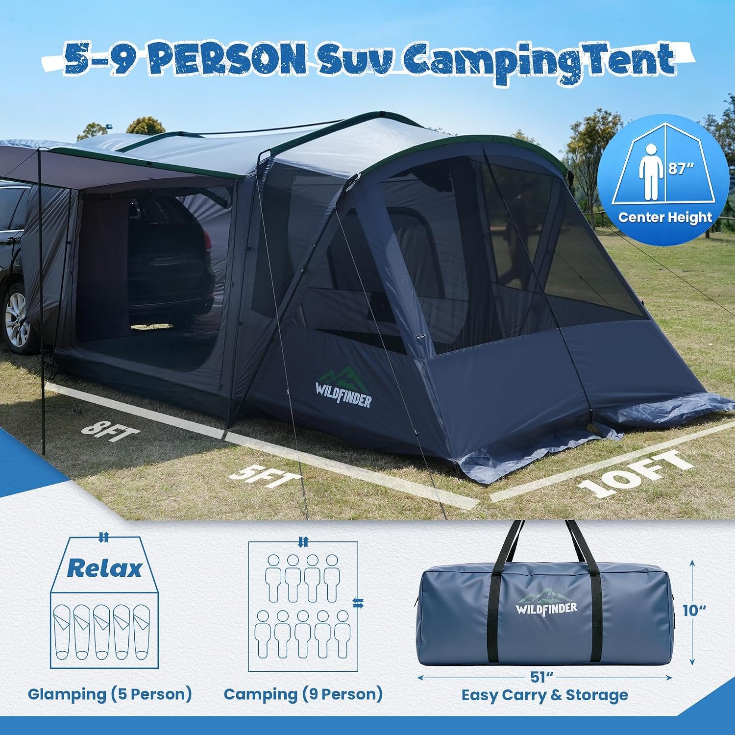 5-9 Person SUV Tent, Screen Porch and Awning, 14.1x9.2x6.9 FT | PU3000 Waterproof, UPF 50 Sun Protection, Can Be Independently Set Up, Portable Storage Bag Included, Fits Jeep And Truck - Image 2