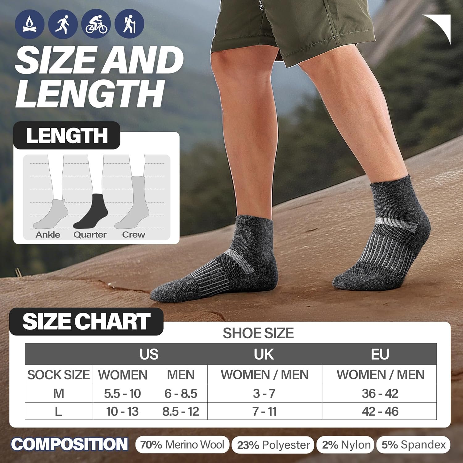 Anlisim Merino Wool Ankle Running Hiking Socks for Women and Men | 6 Pairs, Compression Support, Breathable, Thick Cushion, Enhanced Padding, Moisture Wicking, No Show Socks - Image 5