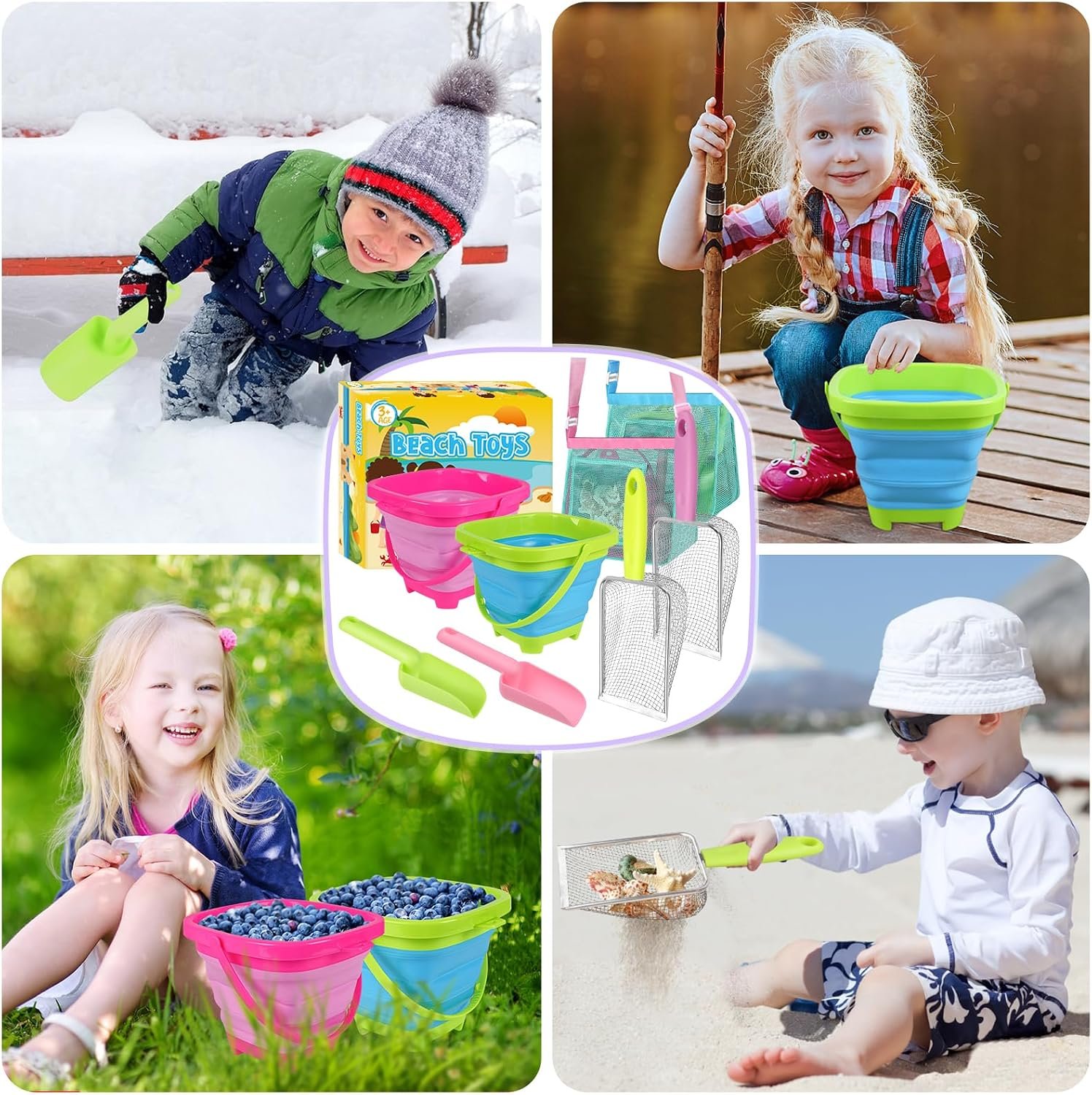 FHOZGECY 2 Pack Beachcombing Kit with Sifters for Beach Vacation Essentials | Collapsible Buckets, Stainless Mesh Sifters, Scoops and Mesh Bags for Shelling, Outdoor Exploration Play for Kids Ages 3-12 - Image 7