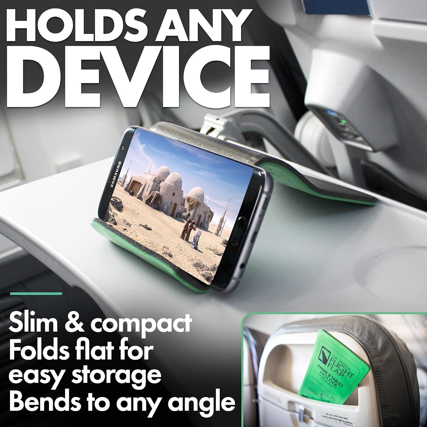 Foldable Airplane Phone Holder, Travel Phone Stand, Green | Use this flexible phone stand on a desk, bed, treadmill, office, kitchen counter, car headrest, or airplane seat back - Image 4