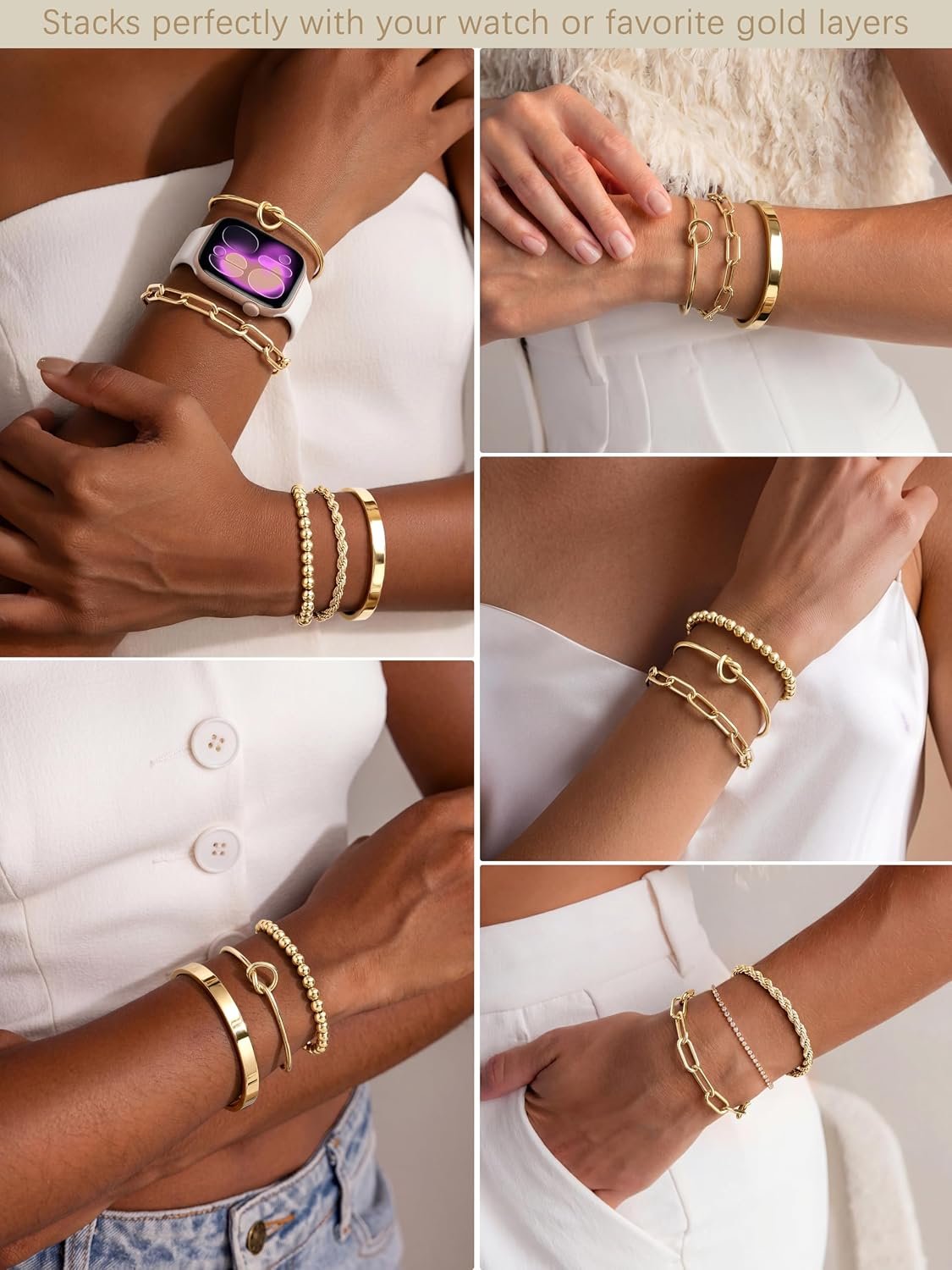 Gold Bracelets Set for Women Non Tarnish, Waterproof 14K Gold Plated Sterling Silver Chunky Cuff Bracelet Stackable Gold Bangles Bracelet for Women Trendy Fashion Accessories Tie Knot Cuban Rope Paperclip Beaded Bracelet Stack Jewelry Mothers Day Gifts for Mom Birthday - Image 4
