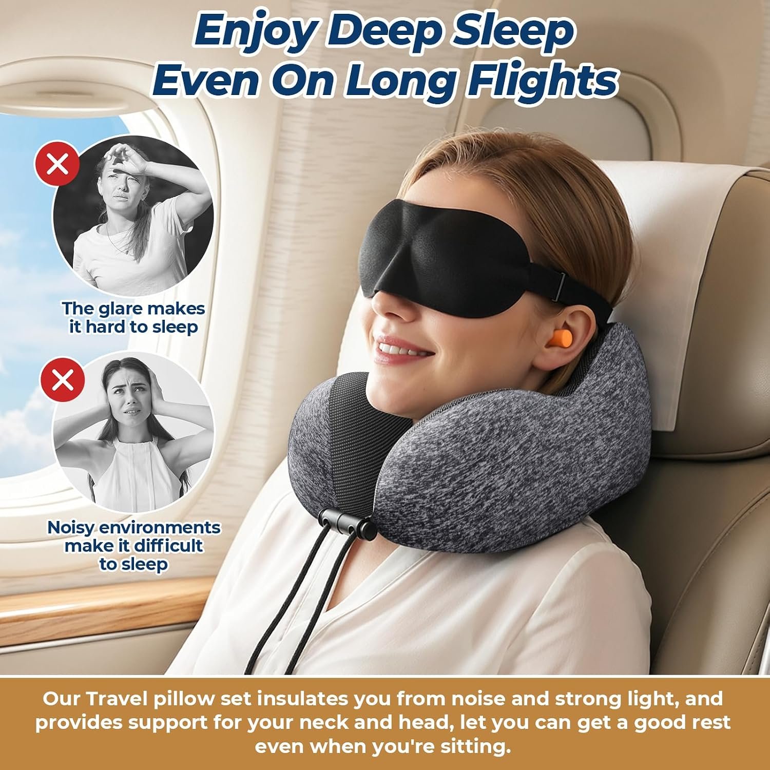 ExploreBliss Travel Pillow, Memory Foam Neck Pillow Airplane, Grey | Travel Pillows for Airplanes, Neck Pillow Airplane, Memory Foam Neck Pillow Set with Eye Mask, Earplugs - Image 5