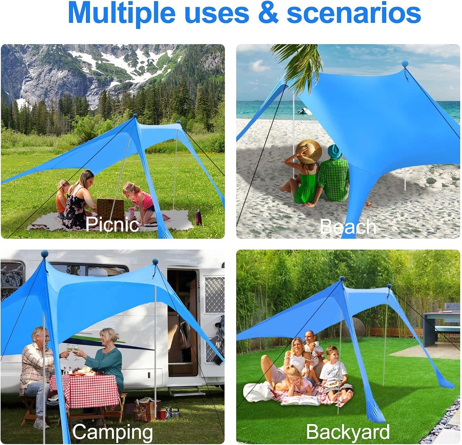Beach Canopy Tent Sun Shade with UPF 50+ UV Protection, Beach Tent Sun Shelter with Sandbags, Poles and Ground Pegs and Anti-Wind Ropes for Outdoor, Camping, Backyard and Picnics - Image 6