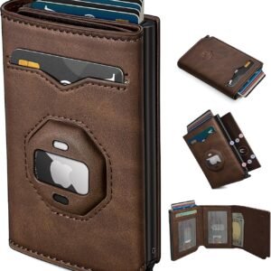 Airtag Wallet for Men,with Cash Pocket 2 ID Window 10+ Cards,Metal Case Smart Slim Pop Up Credit Card Holder Flip with Magnetic Closure RFID Blocking Trifold Leather wallet with Gift Box