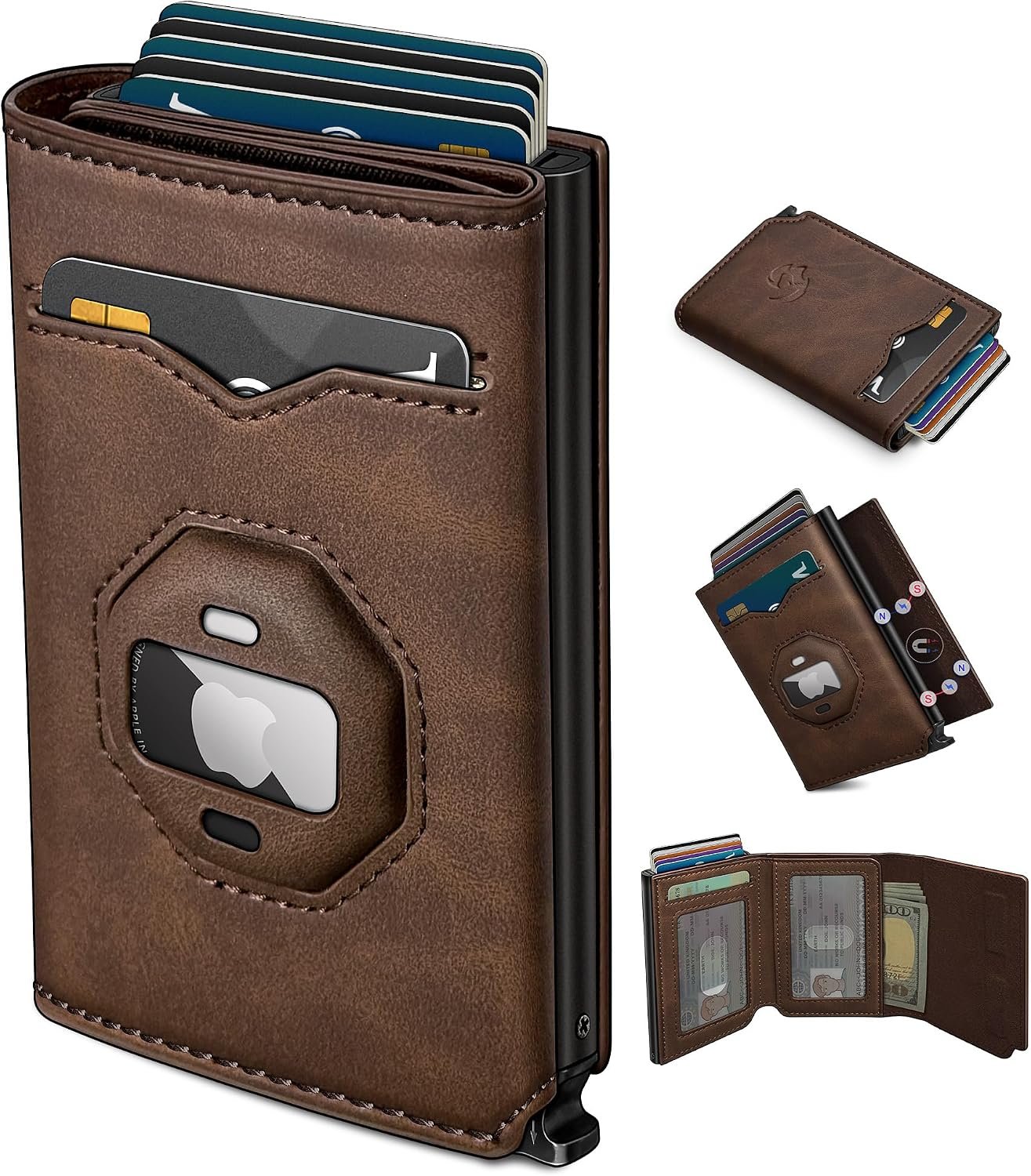 Airtag Wallet for Men,with Cash Pocket 2 ID Window 10+ Cards,Metal Case Smart Slim Pop Up Credit Card Holder Flip with Magnetic Closure RFID Blocking Trifold Leather wallet with Gift Box