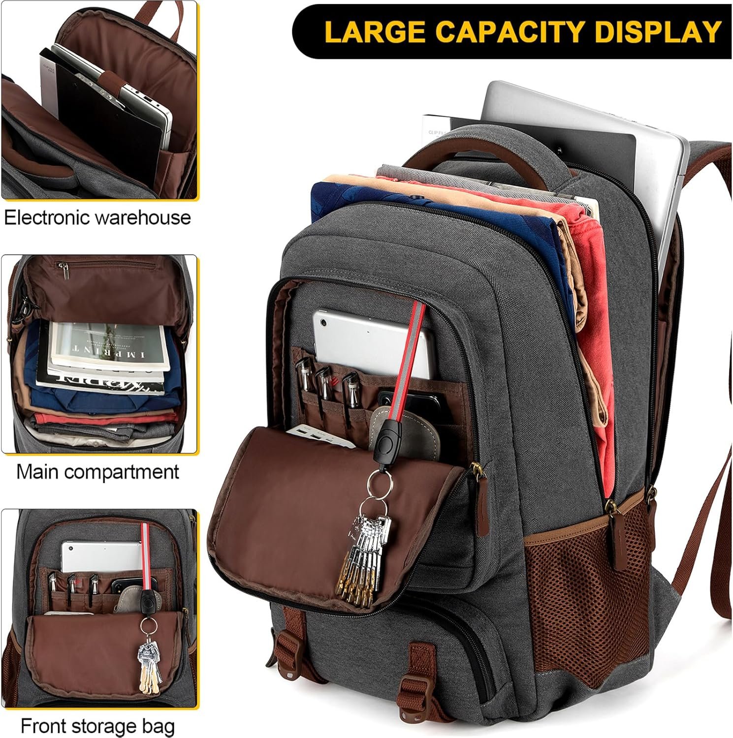 Tzowla Canvas Laptop Backpack, Bag for Men Women | Travel Work Rucksack Fits 15.6 Inch Laptop, Large Capacity Bookbag(Dark Grey) - Image 3