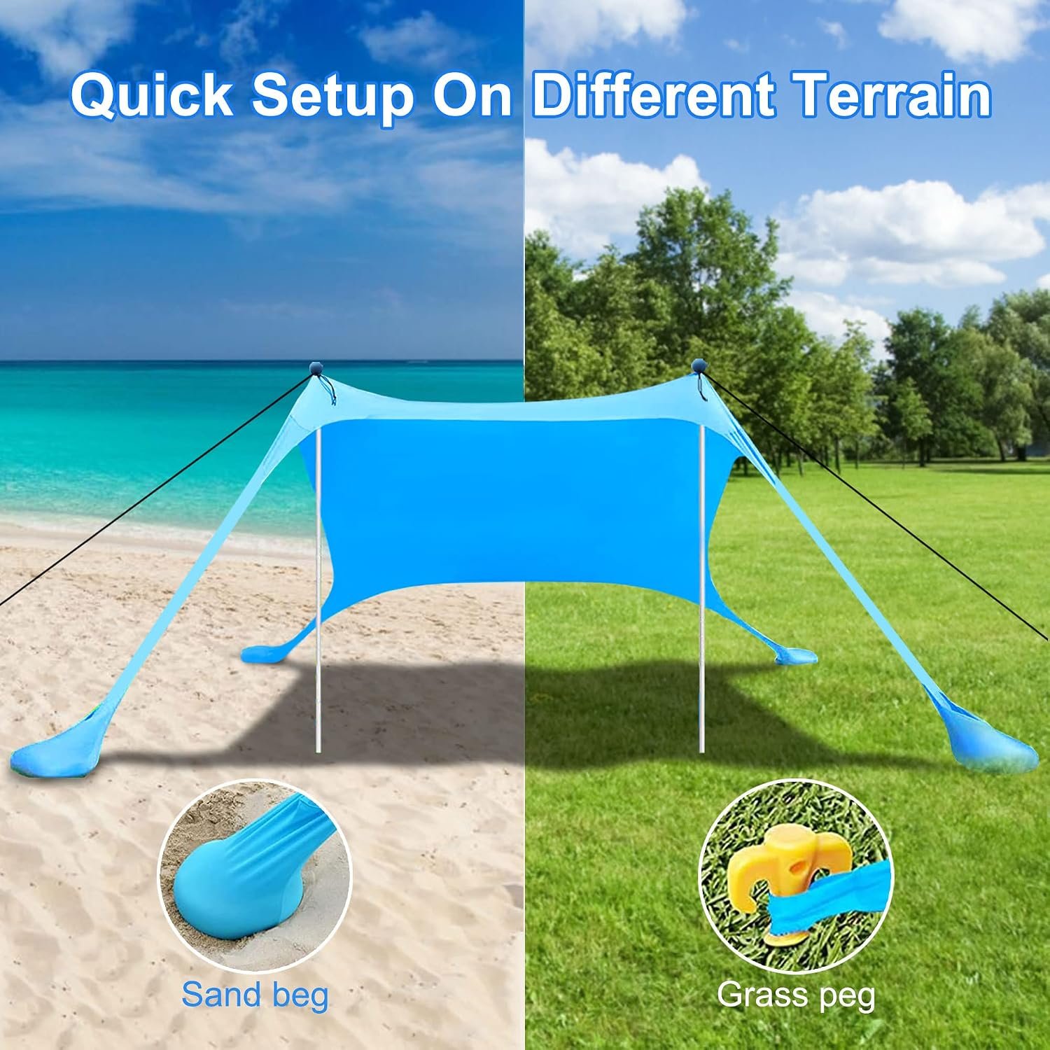Beach Canopy Tent Sun Shade with UPF 50+ UV Protection, Beach Tent Sun Shelter with Sandbags, Poles and Ground Pegs and Anti-Wind Ropes for Outdoor, Camping, Backyard and Picnics - Image 5