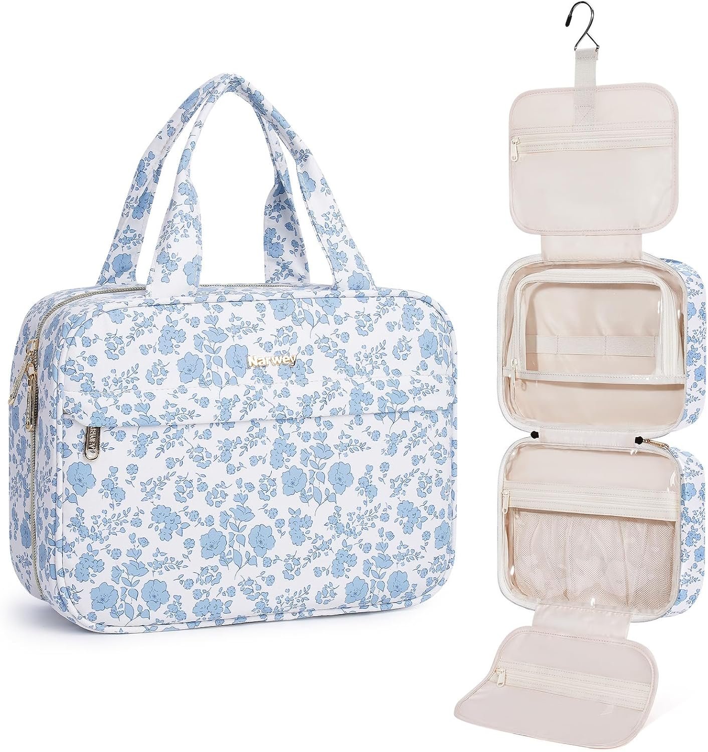 Narwey Hanging Travel Toiletry Bag for Women, Cosmetic Makeup Bag Organizer | Multiple Mesh & Zipper Pockets for Travel-Size Toiletries, Water-resistant, Dry Wet Separation, Durable for Travel, Bathroom