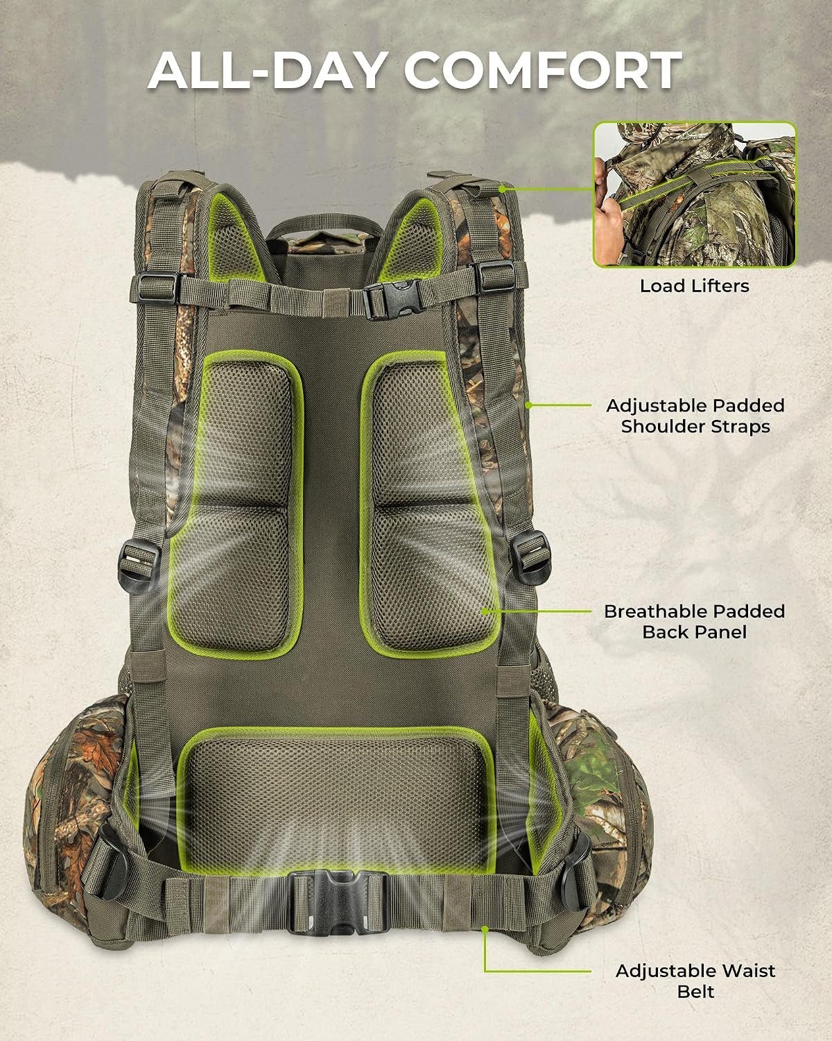 Extremus by KastKing Timber Trail Hunting Backpack for Men, Hunting Pack | Quiet Hunting Bag, Rifle Sling, Ammo Storage, Rain Cover Included, Hydration Compatible, Tree Stand & Climbing Stick Carry - Image 6