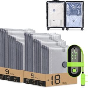 Vacbird Travel Vacuum Bags with USB Electric Pump, 18 Pack Vacuum Bags for Travel, Compression Vacuum Packing Bags for Luggage & Suitcase, Space Saving Travel Bags for Clothes and Clothing,Carry-On | Compression Vacuum Packing Bags, For Luggage & Suitcase, Space Saving, Carry-On Travel & Home, Vacuum Seal Bags For Clothing