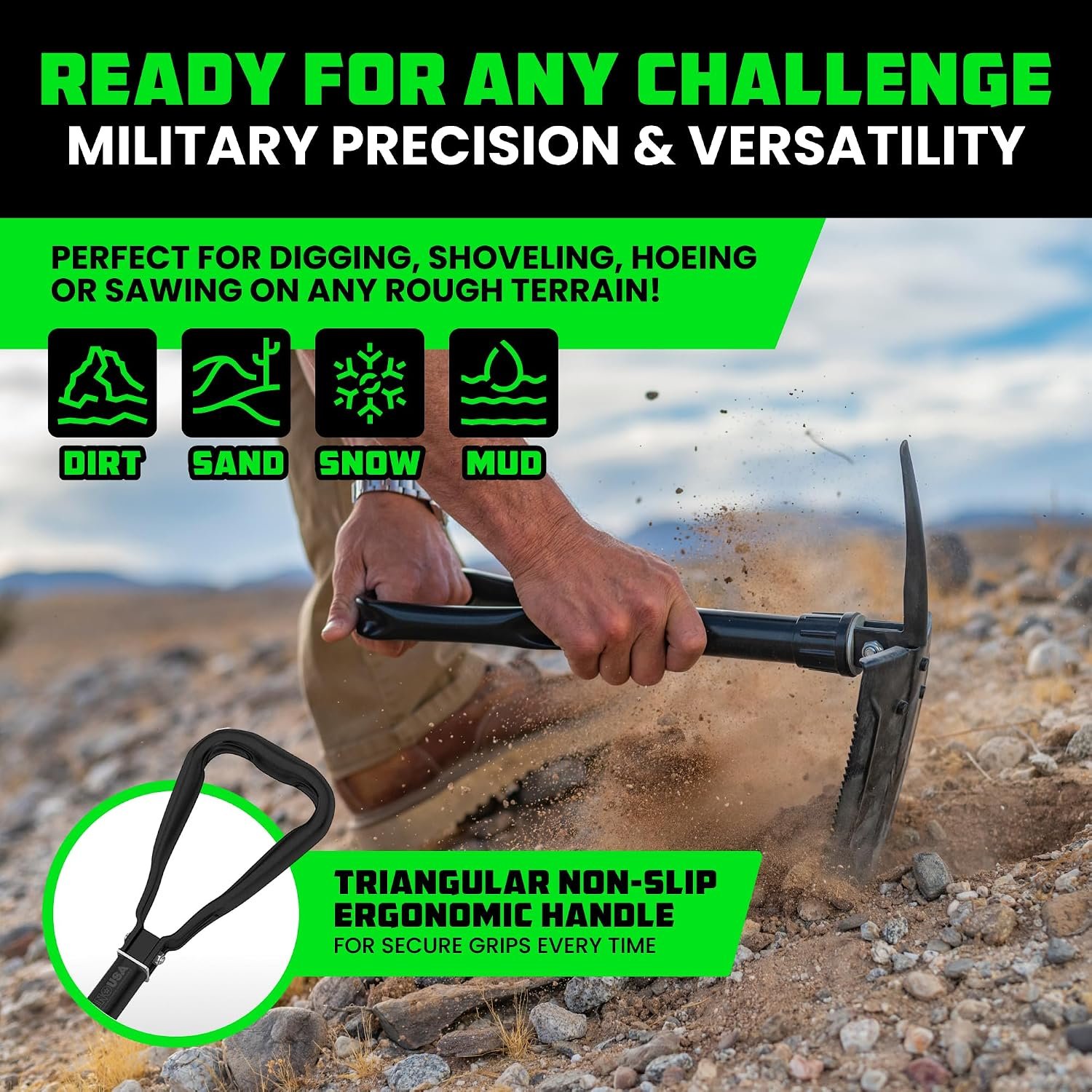 Rhino USA Folding Survival Shovel with Pick - Military Entrenching Tool | Heavy Duty Carbon Steel Folding Tool for Off-Road, Camping, Gardening, Beach. For Dirt, Sand, Mud & Snow Digging. Black - Image 4