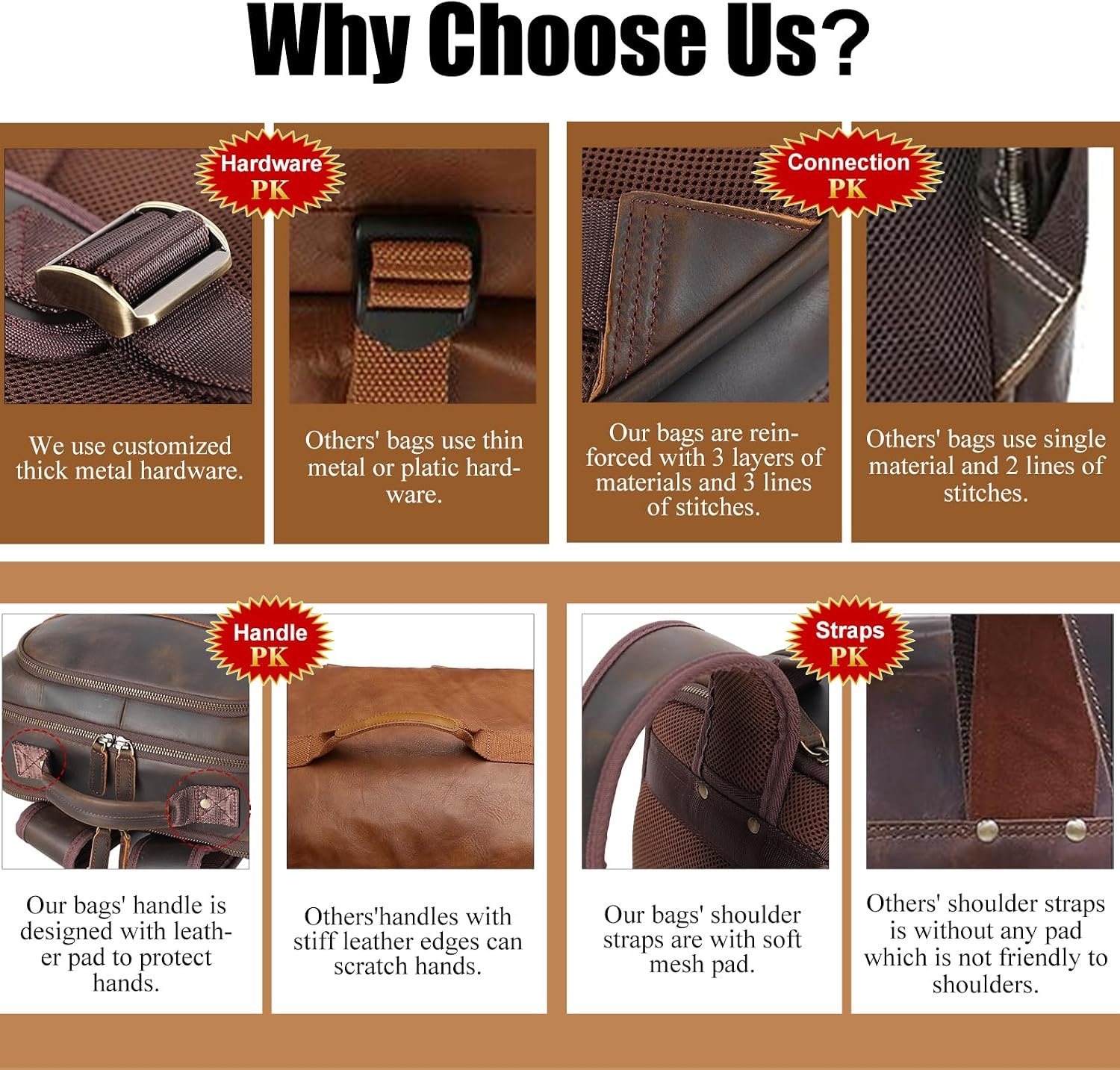 Masa Kawa Brown Leather Laptop Backpack for Men 16 Inch Compute Work Bag | Vintage Cowhide Overnight Camping Weekender Travel Large College Daypack with Water Bottle Holder - Image 8