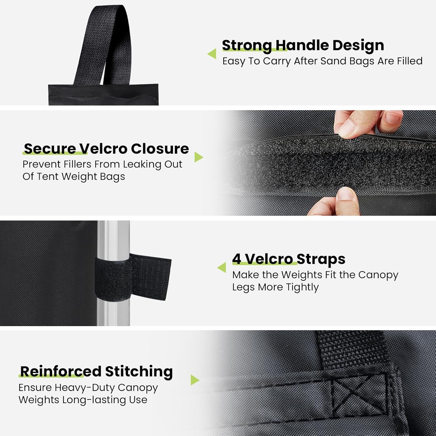 Eurmax USA 125LBS 4-Pack Universal Canopy Weights, Secure Wind Protection to Prevent Tipping, Easy Wrap-Around Installation Heavy Duty Sandbags (Without Sand), Fits All Instant Shelter Legs,Black - Image 3