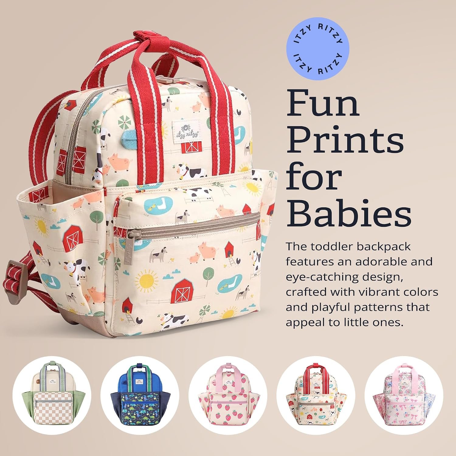 Itzy Ritzy Toddler Backpack, Baby Daycare Bag w/Spacious Interior (Farm) | Adjustable Straps, Wipeable Lining, 2 Side Pockets, Front Zipper, & Name Label - Keeps Essentials Organized for Daily Travel - Image 6