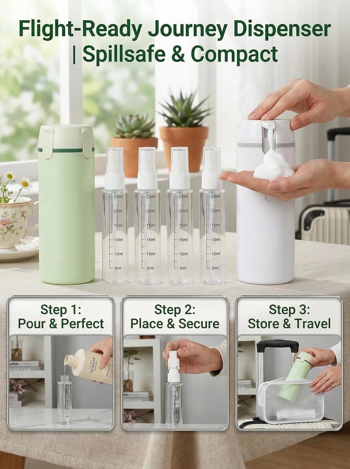 4 in 1 Travel Dispenser Bottle Set, Leakproof TSA Travel Size Containers for Toiletries, Portable Refillable Bottles, Hard Shell Rotating Design with Scale and Labels - Image 5