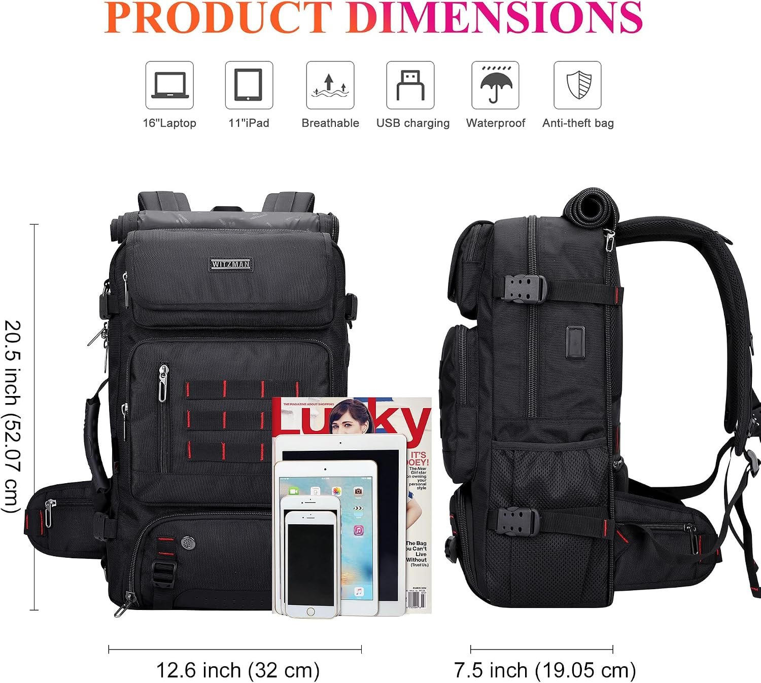 WITZMAN Carry on Travel Backpack for Men Airline Approved Fits 16" Laptop | Nylon 3 in 1 Luggage Duffle Bag with USB Charging Port, Shoe Compartment, For Weekend Getaway, Overnight Trip, B682 Black - Image 4