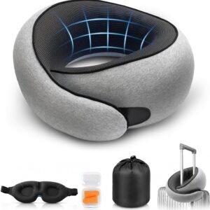Purroch G-Shape Memory Foam Travel Neck Pillow, Medium Gray | 100% Pure Foam Ergonomic Support for Airplane Flights, Car Trips And Office Naps, Includes Eye Mask and Ear Plugs