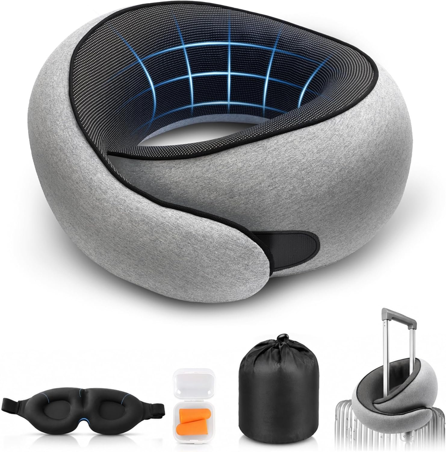 Purroch G-Shape Memory Foam Travel Neck Pillow, Medium Gray | 100% Pure Foam Ergonomic Support for Airplane Flights, Car Trips And Office Naps, Includes Eye Mask and Ear Plugs