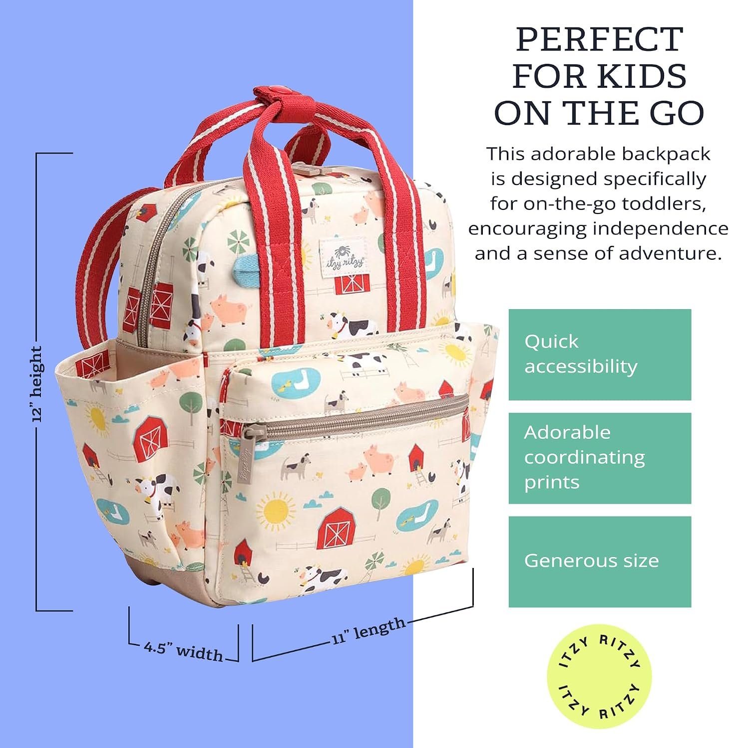 Itzy Ritzy Toddler Backpack, Baby Daycare Bag w/Spacious Interior (Farm) | Adjustable Straps, Wipeable Lining, 2 Side Pockets, Front Zipper, & Name Label - Keeps Essentials Organized for Daily Travel - Image 3