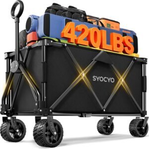 Beach Wagon 420LBS – Heavy Duty Wagons Carts Foldable, Collapsible Wagon with Big Wheels for Sand & Cup Holders for Camping Garden Sports Grocery
