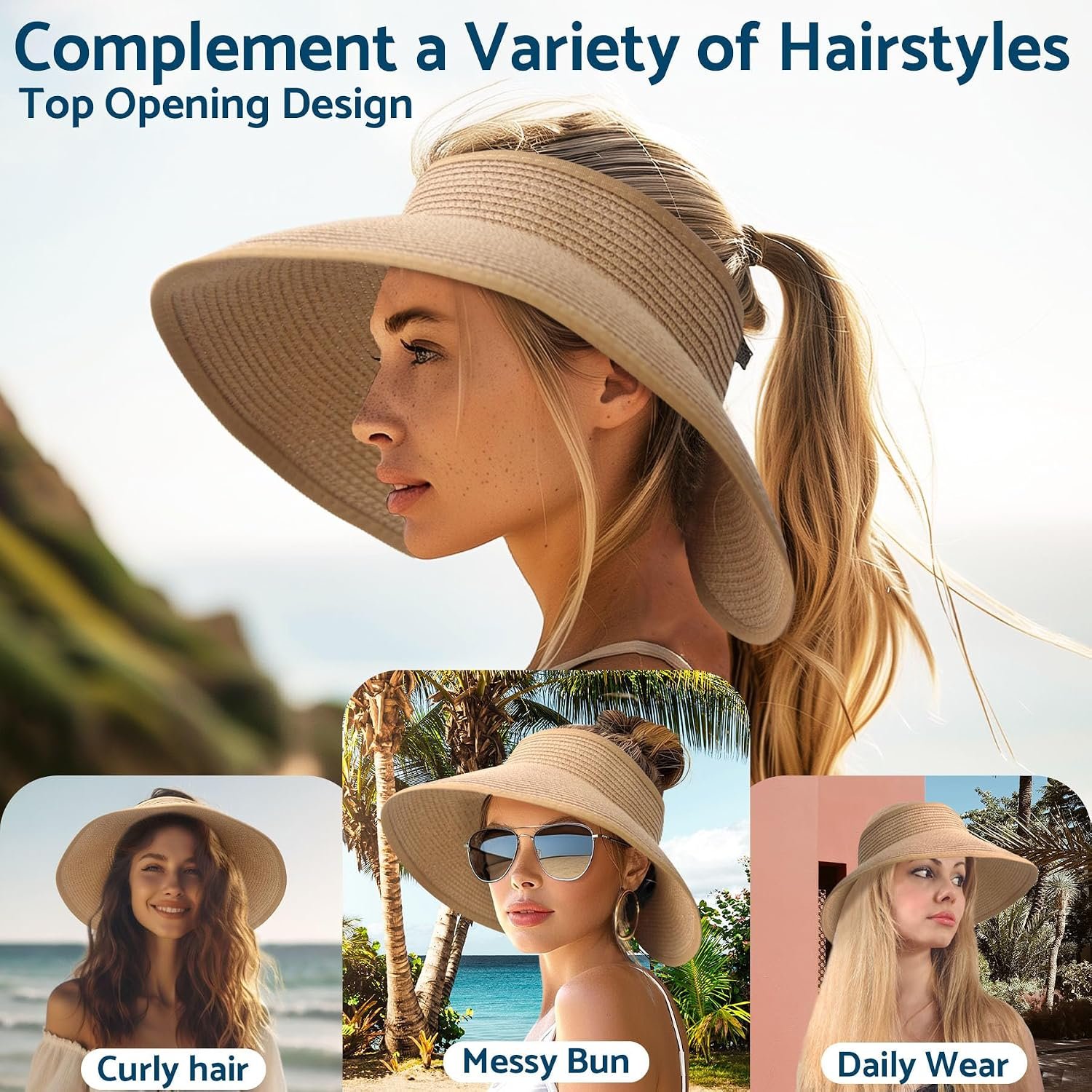 NPJY Sun Hats for Women Wide Brim Roll-Up Ponytail Packable Straw Visor | Wide Brim Hat with Open-Top Design, Packable & Foldable for Travel Beach Garden Gift - Image 4
